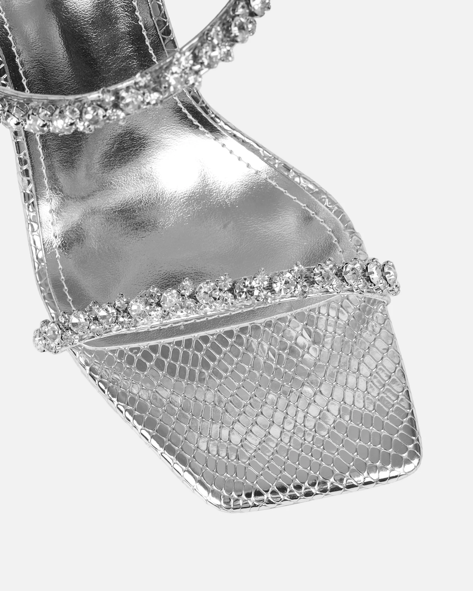 Daizy Silver Snake Effect Diamante Heeled Sandals - Image 4