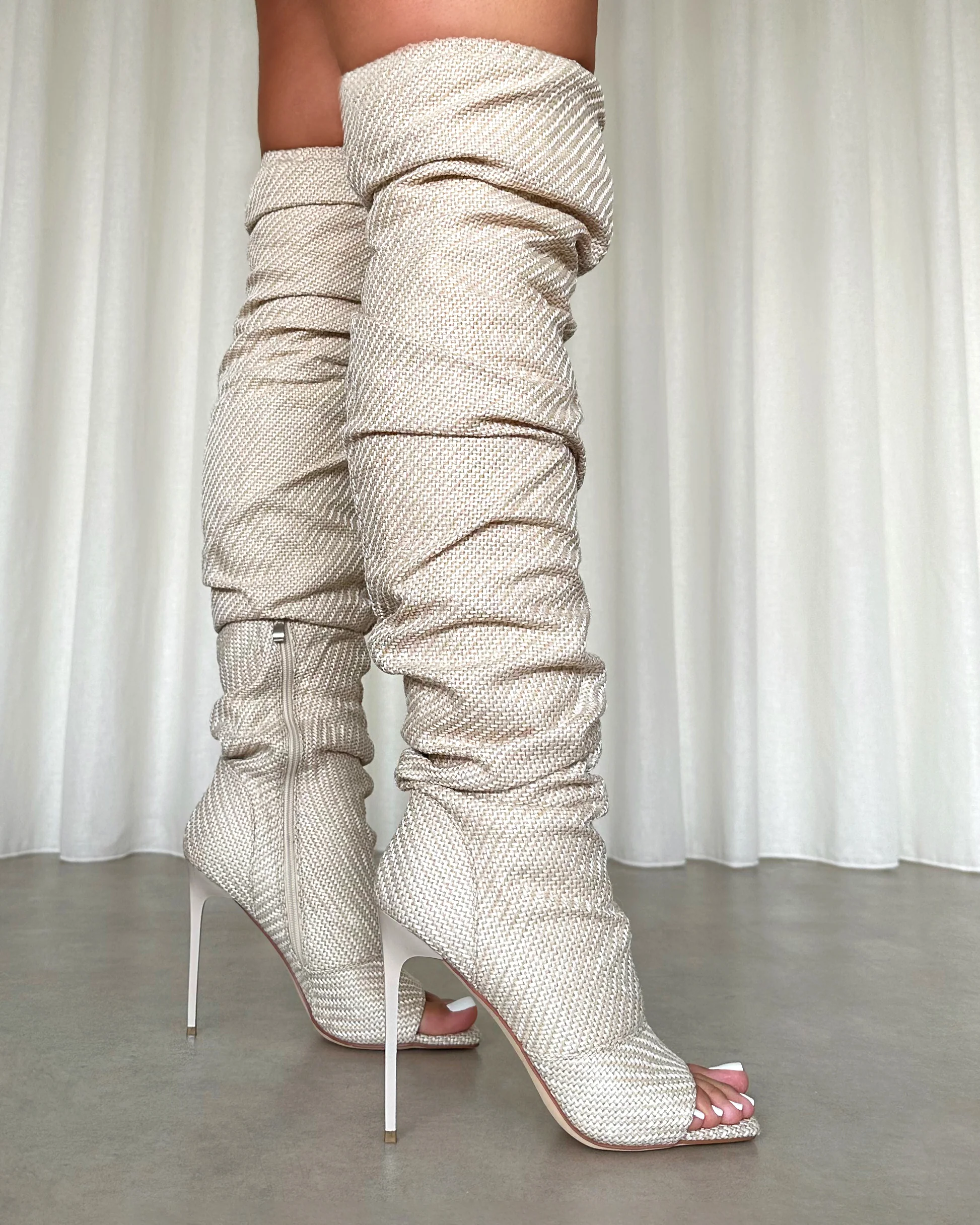 Dakira Beige Woven Over The Knee Open Toe Boots