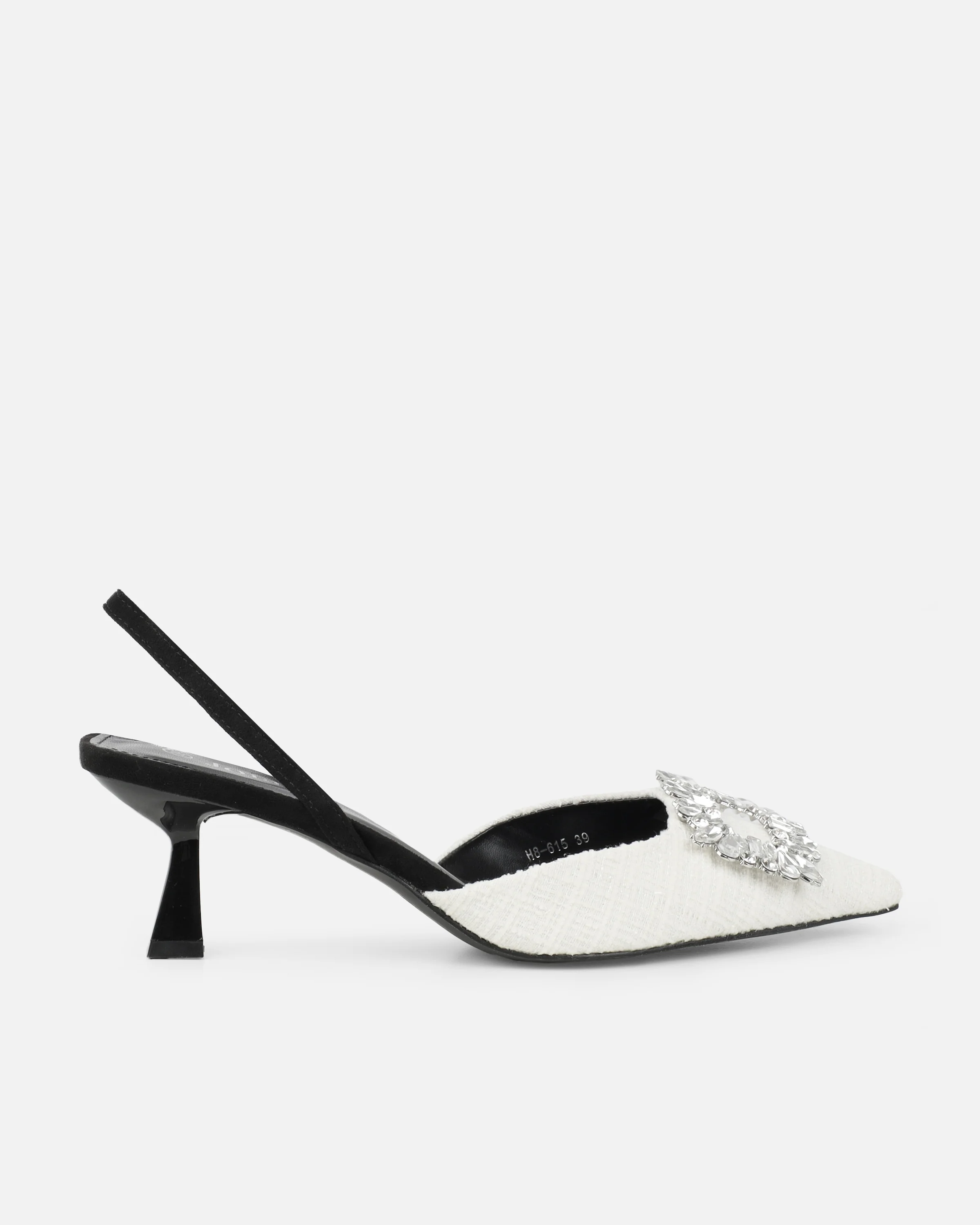 Dalary White Boucle Diamante Low Court Heeled Shoes - Image 2