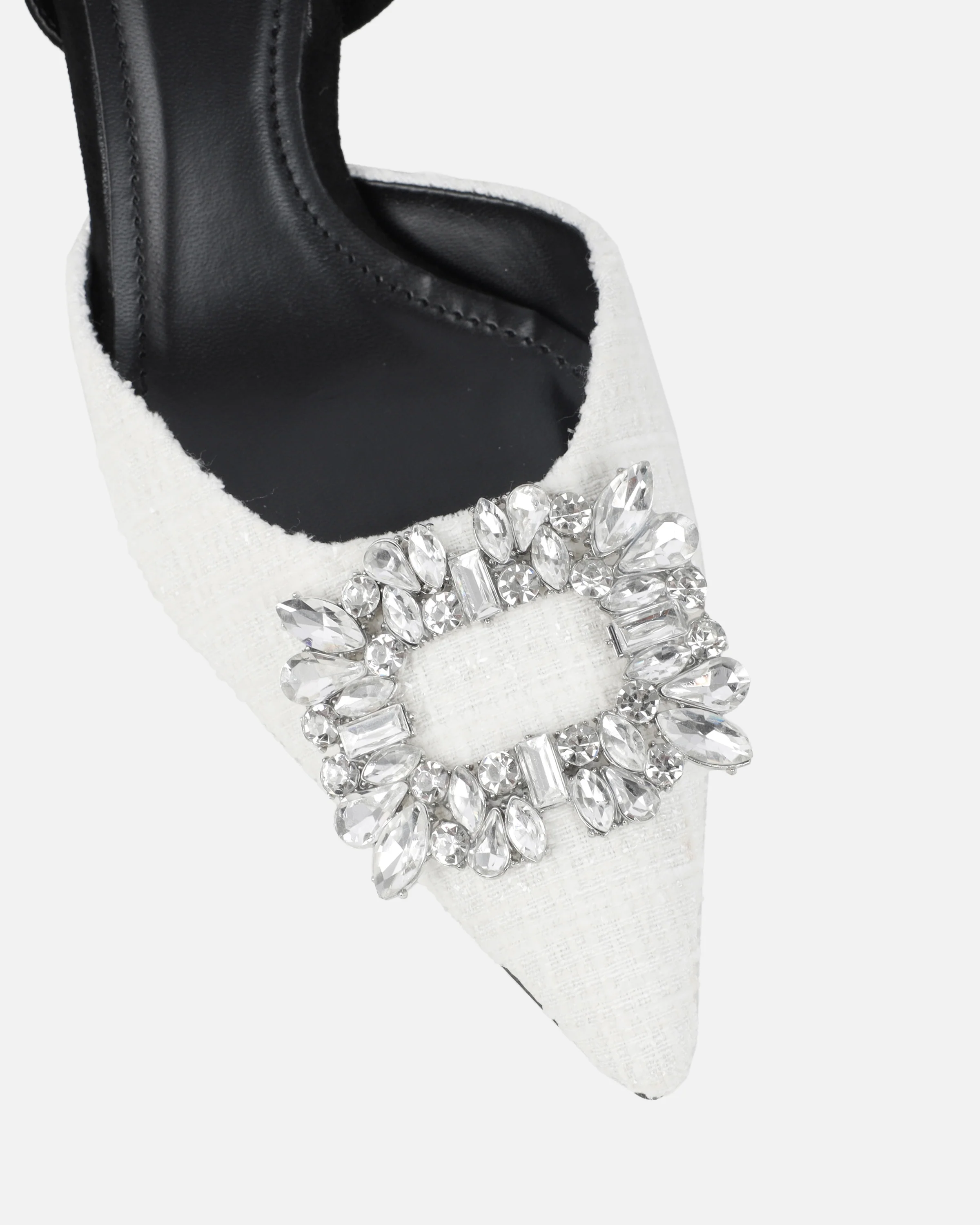 Dalary White Boucle Diamante Low Court Heeled Shoes - Image 4