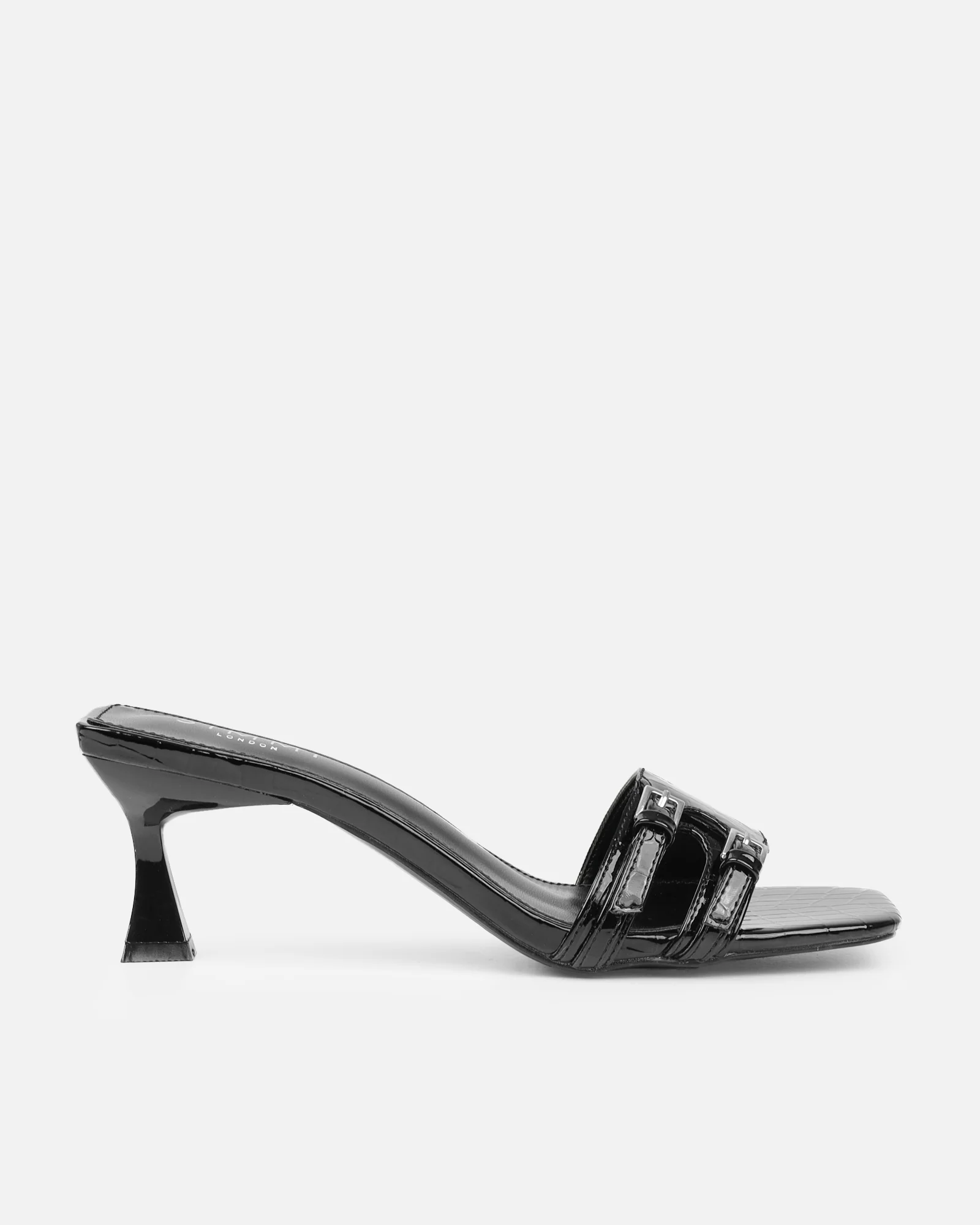 Dallyn Black Faux Croc Mule Heeled Sandals - Image 2