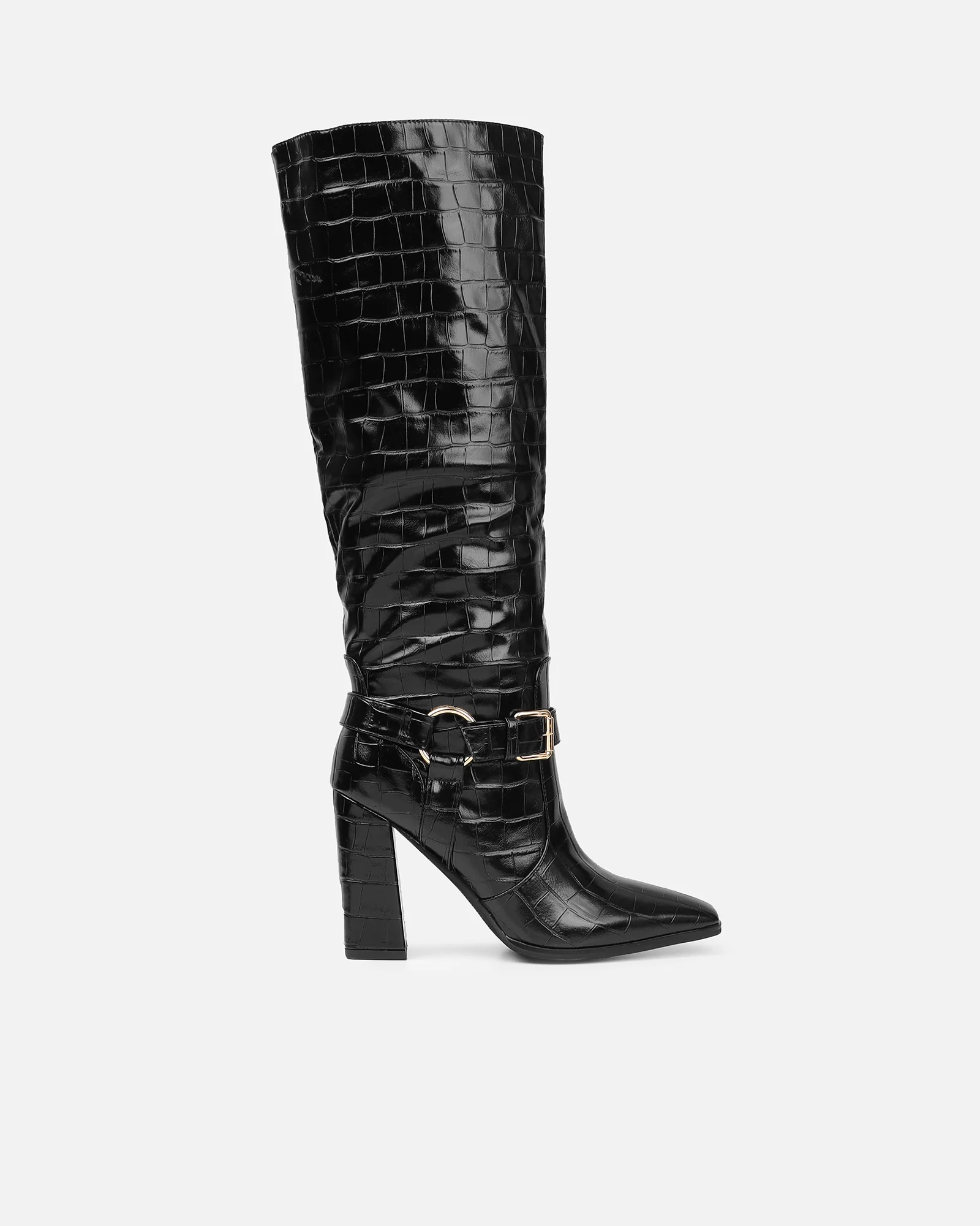 Darell Black Croc Over The Knee Block Heeled Boots - Image 2