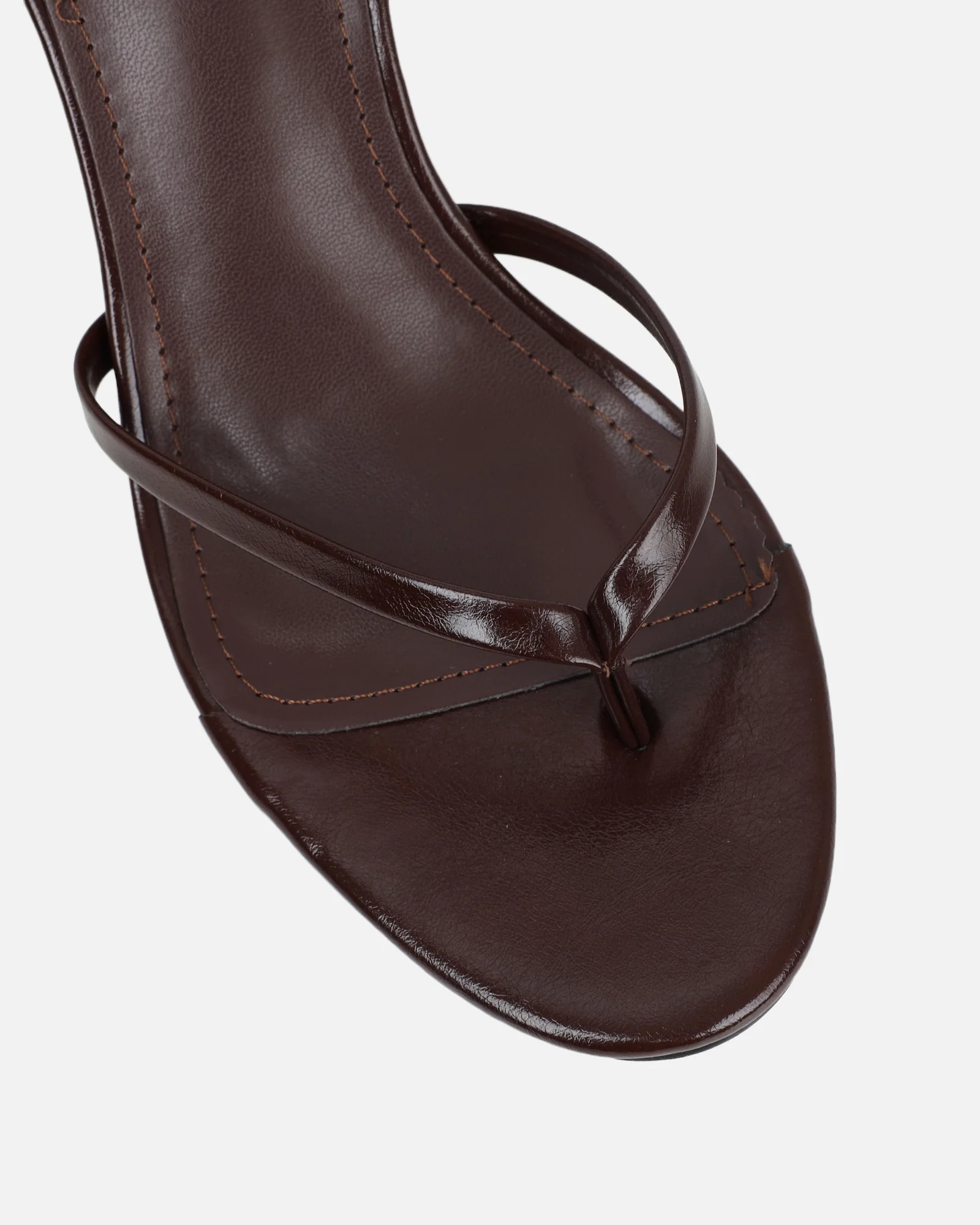 Deanna Chocolate Brown Shiny Toe Thong Low Heeled Sandals - Image 4