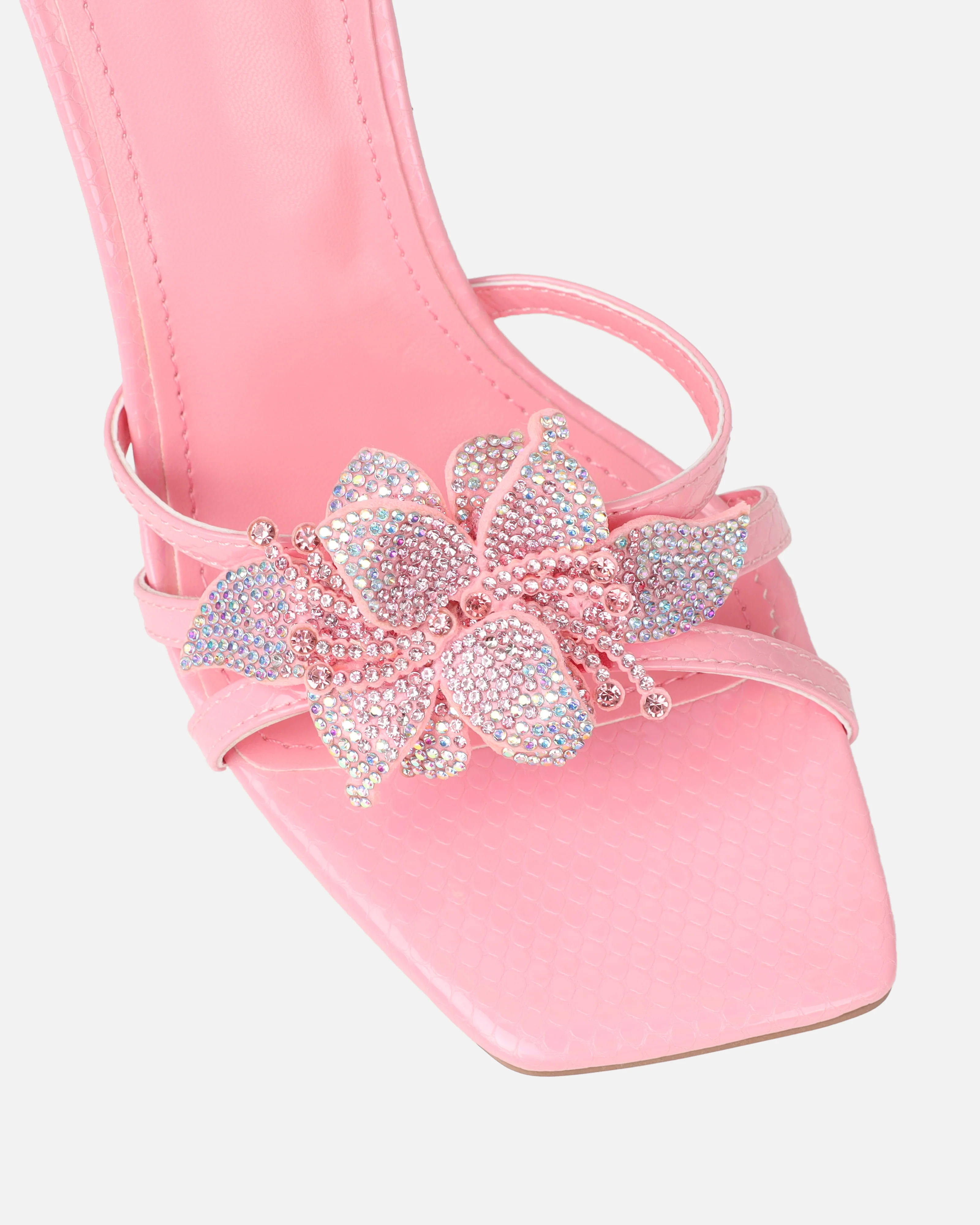 Delores Pink Snake Effect Flower Heeled Sandals - Image 4