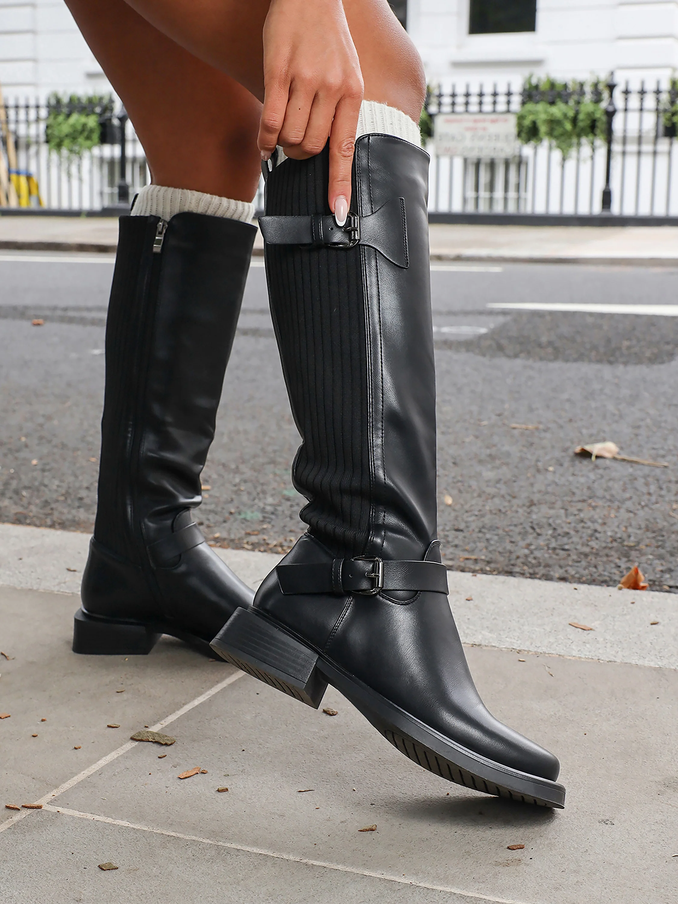 Dilly Black Knee High Buckle Detail Sock Boots