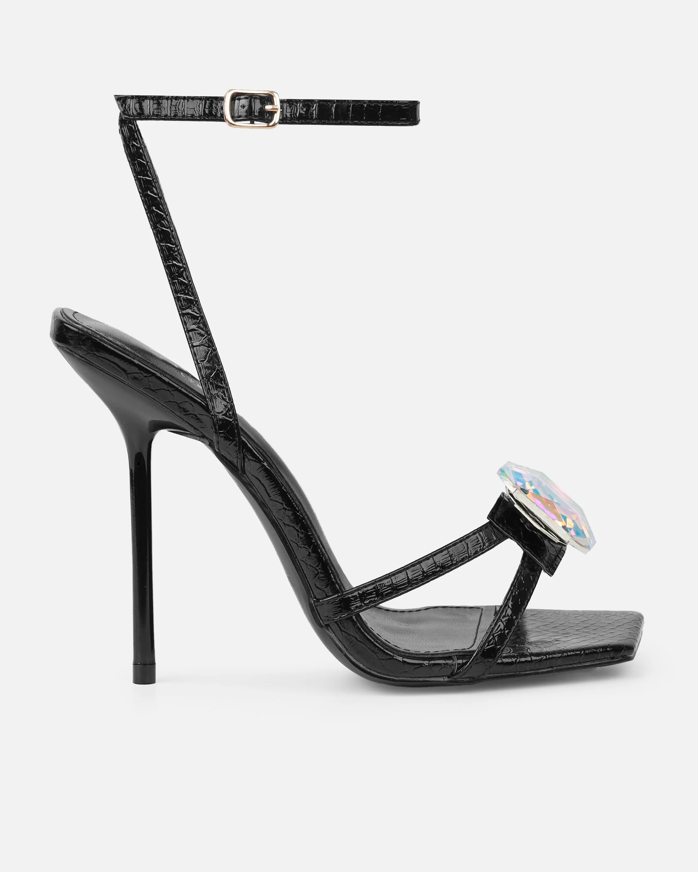 Dovie Black Faux Snake Print Gem Heels - Image 2