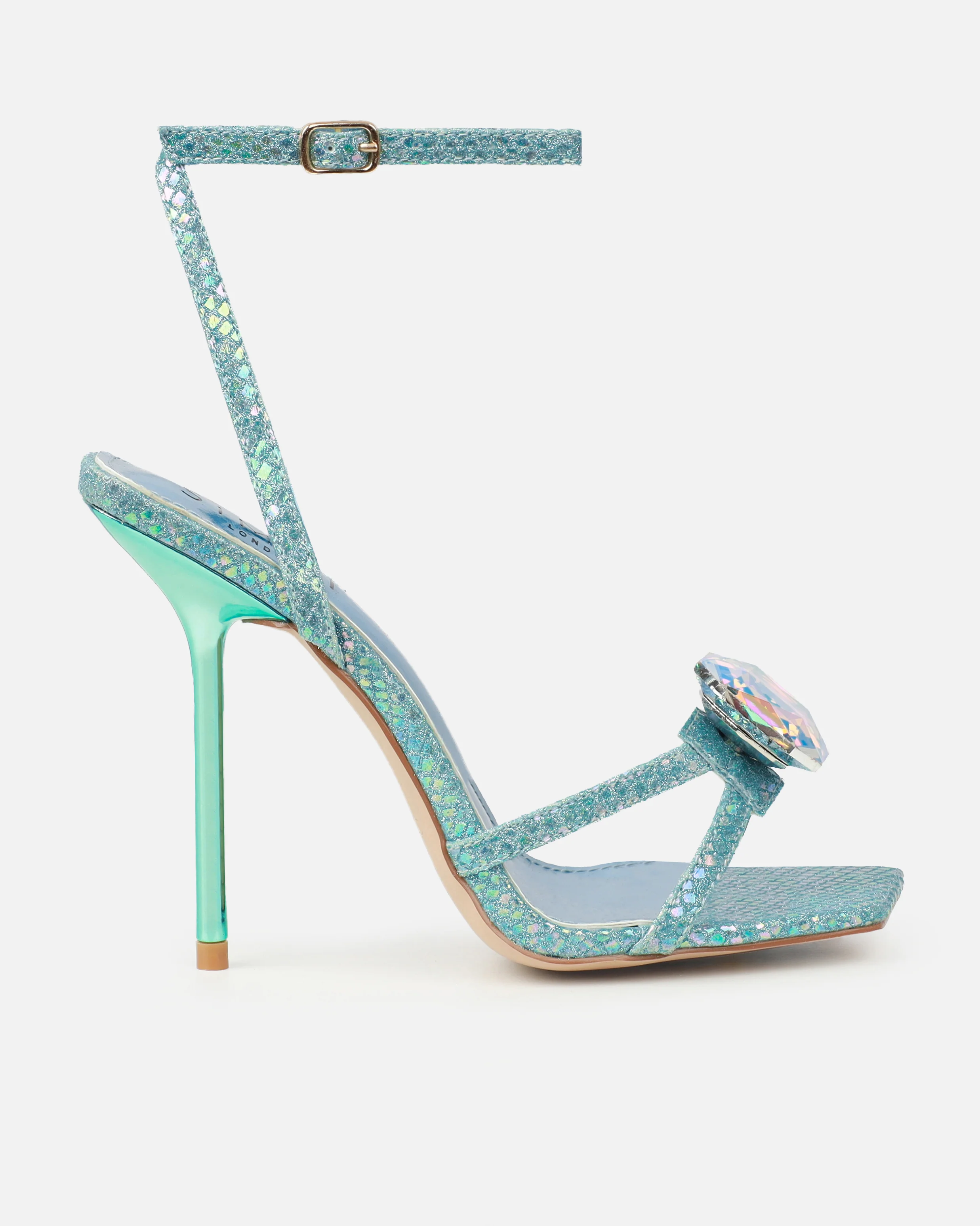 Dovie Blue Glitter Faux Snake Print Gem Heels - Image 2