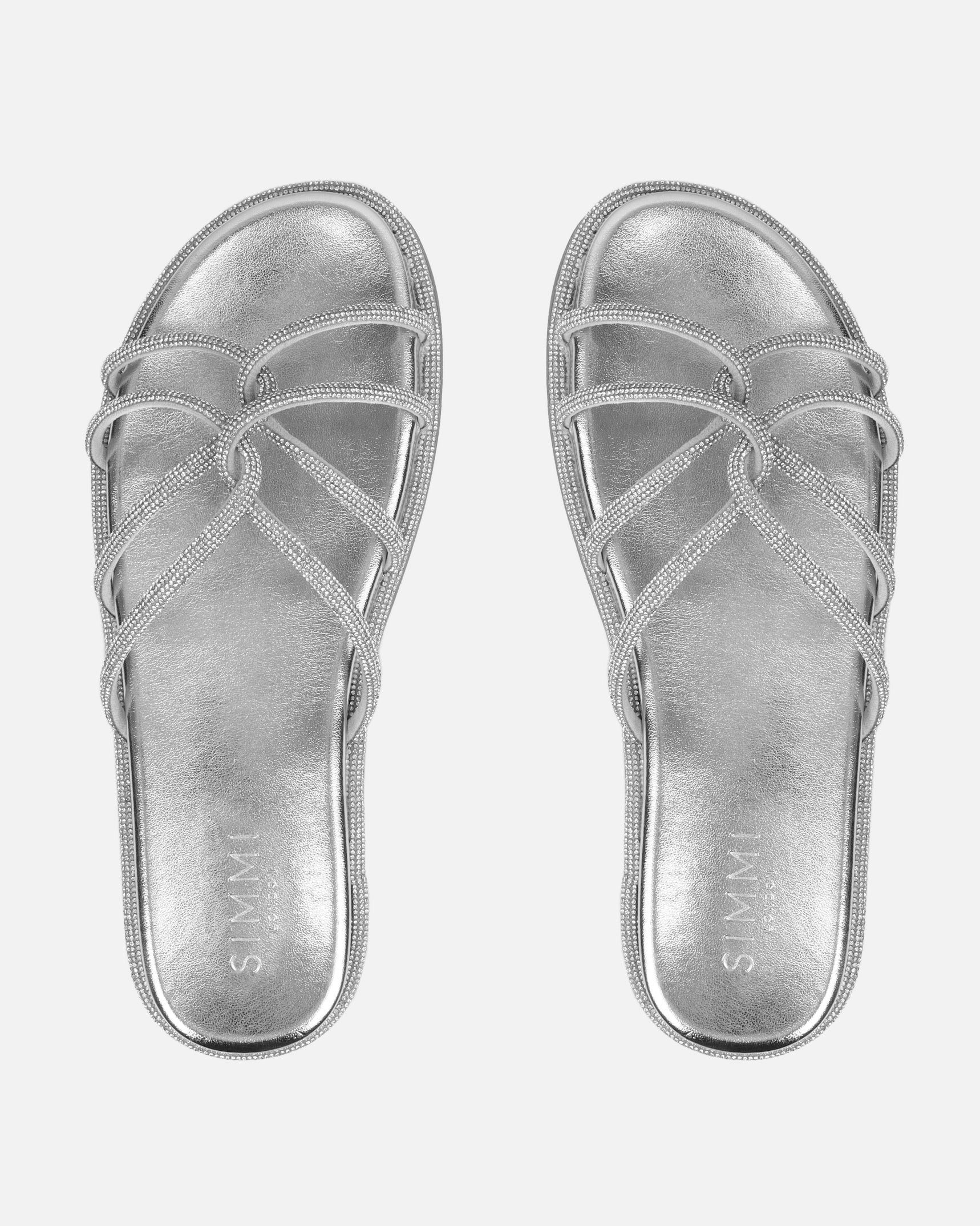 Edessa Silver Metallic Diamante Flat Sandals - Image 3