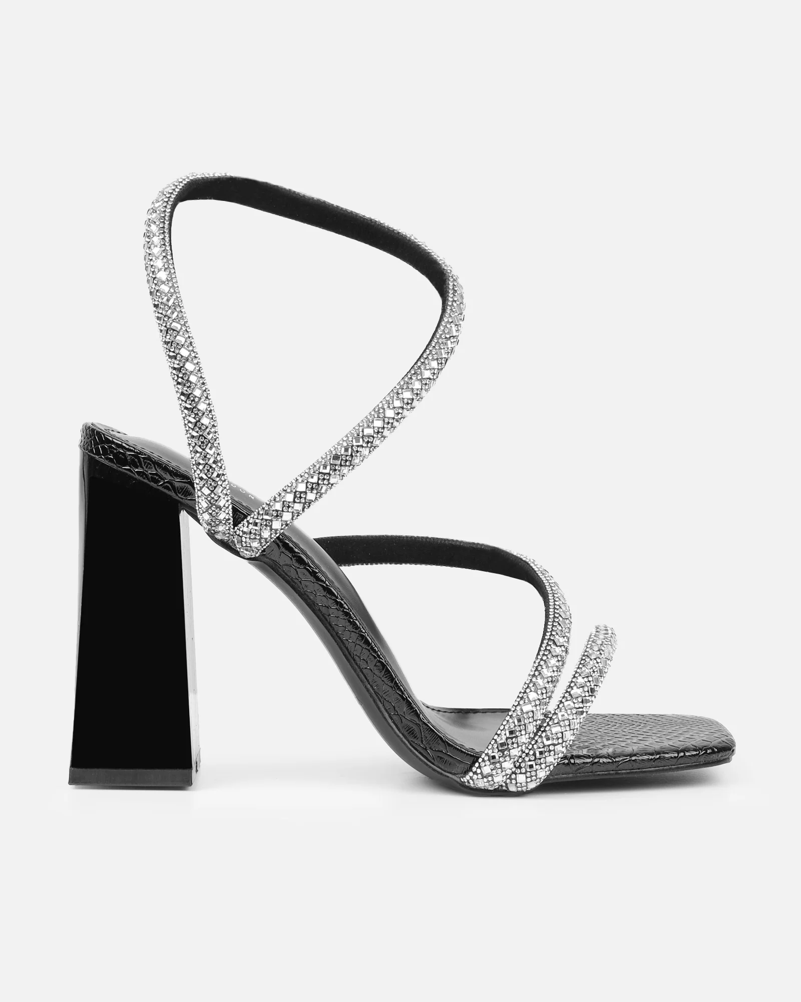 Elanaa Black Snake Faux Effect Diamante Block Heeled Sandals - Image 2