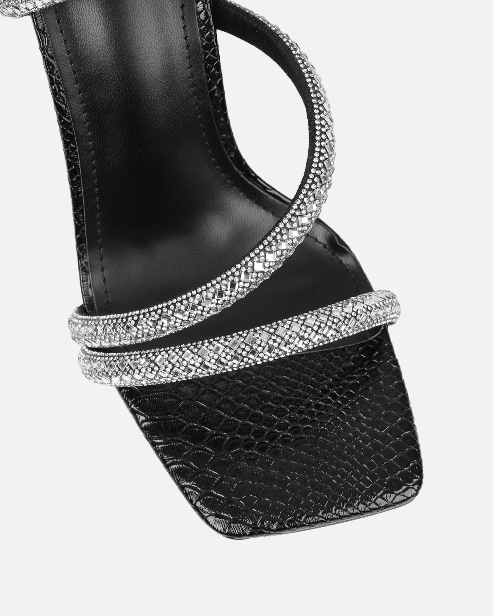 Elanaa Black Snake Faux Effect Diamante Block Heeled Sandals - Image 4