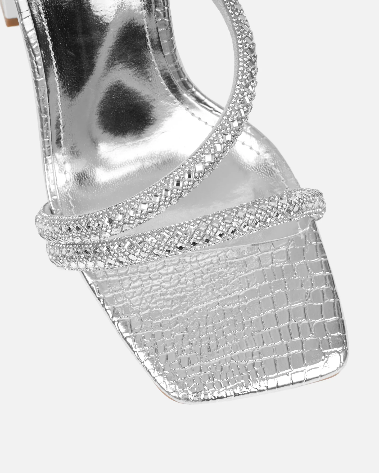 Elanaa Silver Faux Snake Effect Diamante Block Heeled Sandals - Image 4