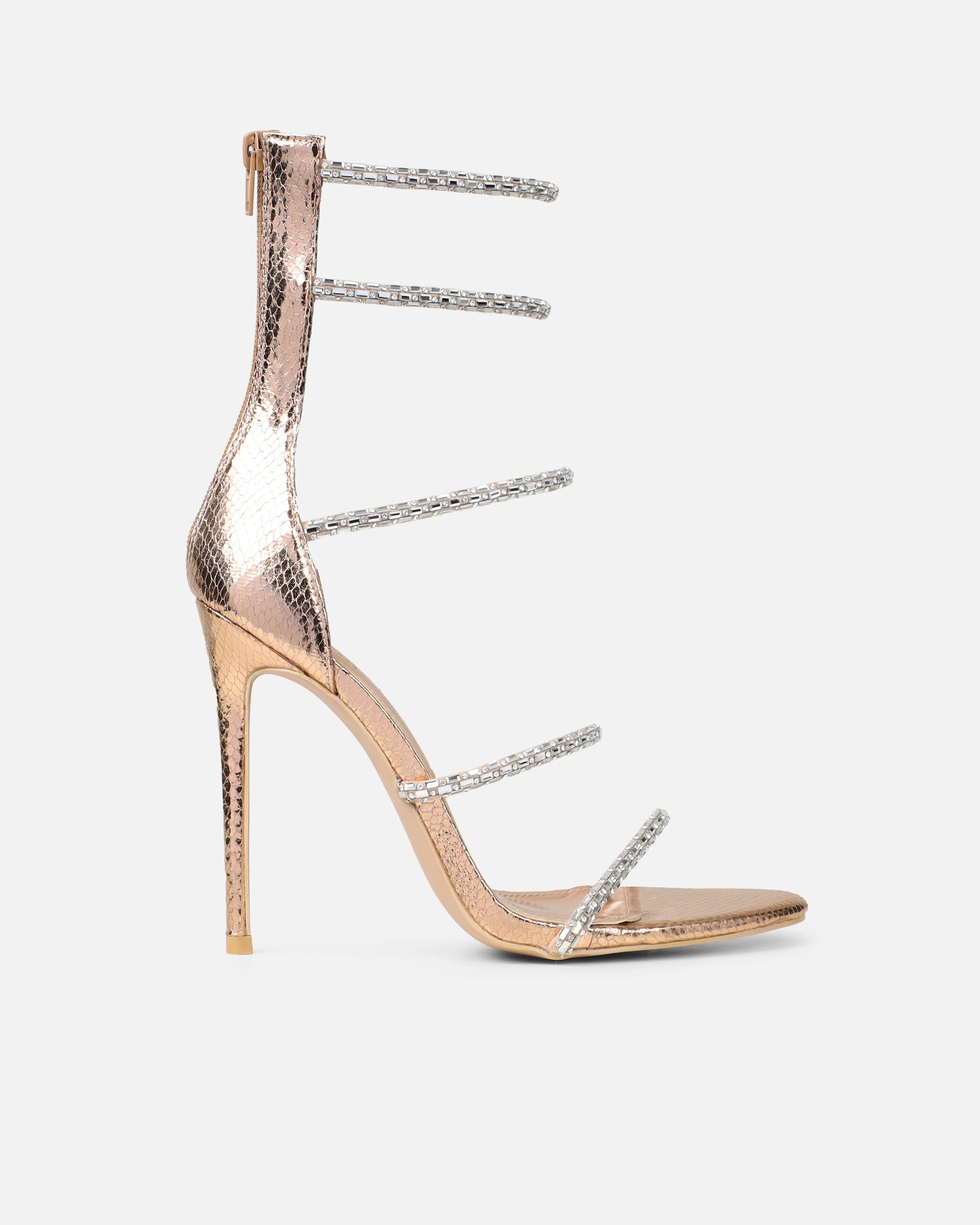 Elba Rose Gold Snake Effect Diamante Heeled Sandals - Image 2