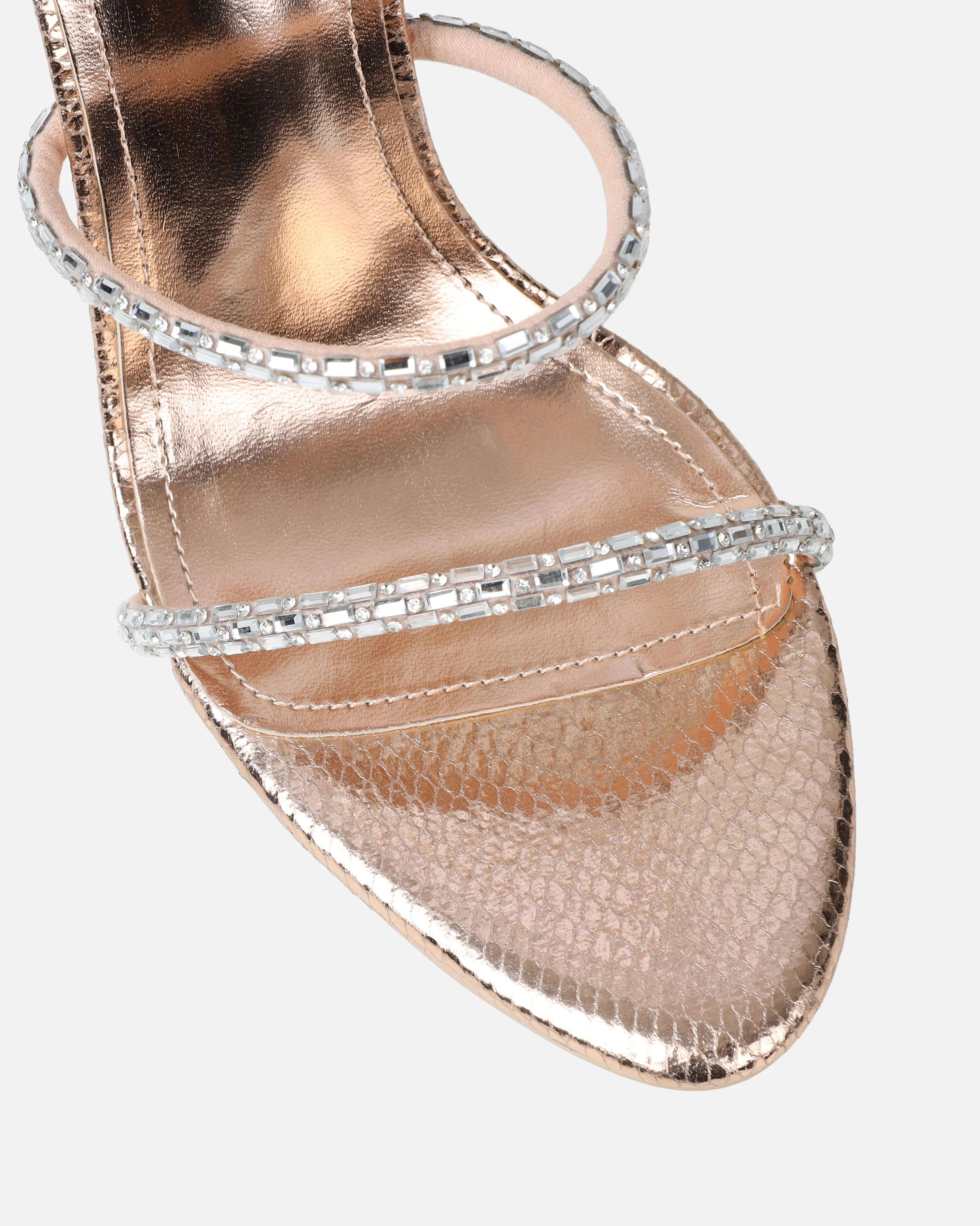 Elba Rose Gold Snake Effect Diamante Heeled Sandals - Image 4