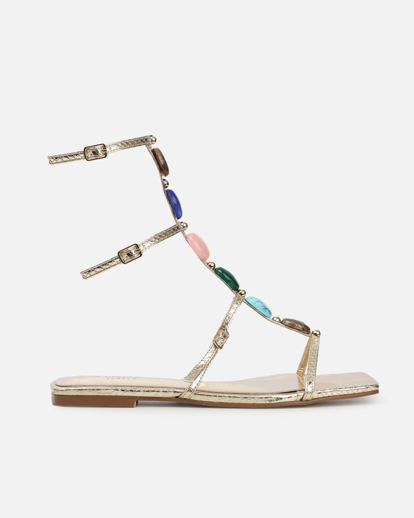 Elexa Light Gold Stone Embellished Flat Sandals - Image 2