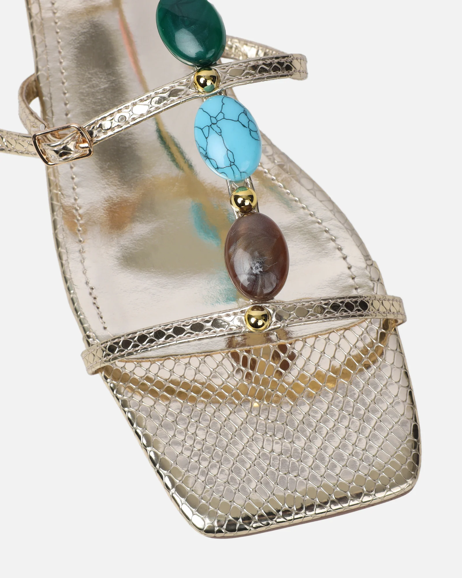 Elexa Light Gold Stone Embellished Flat Sandals - Image 4