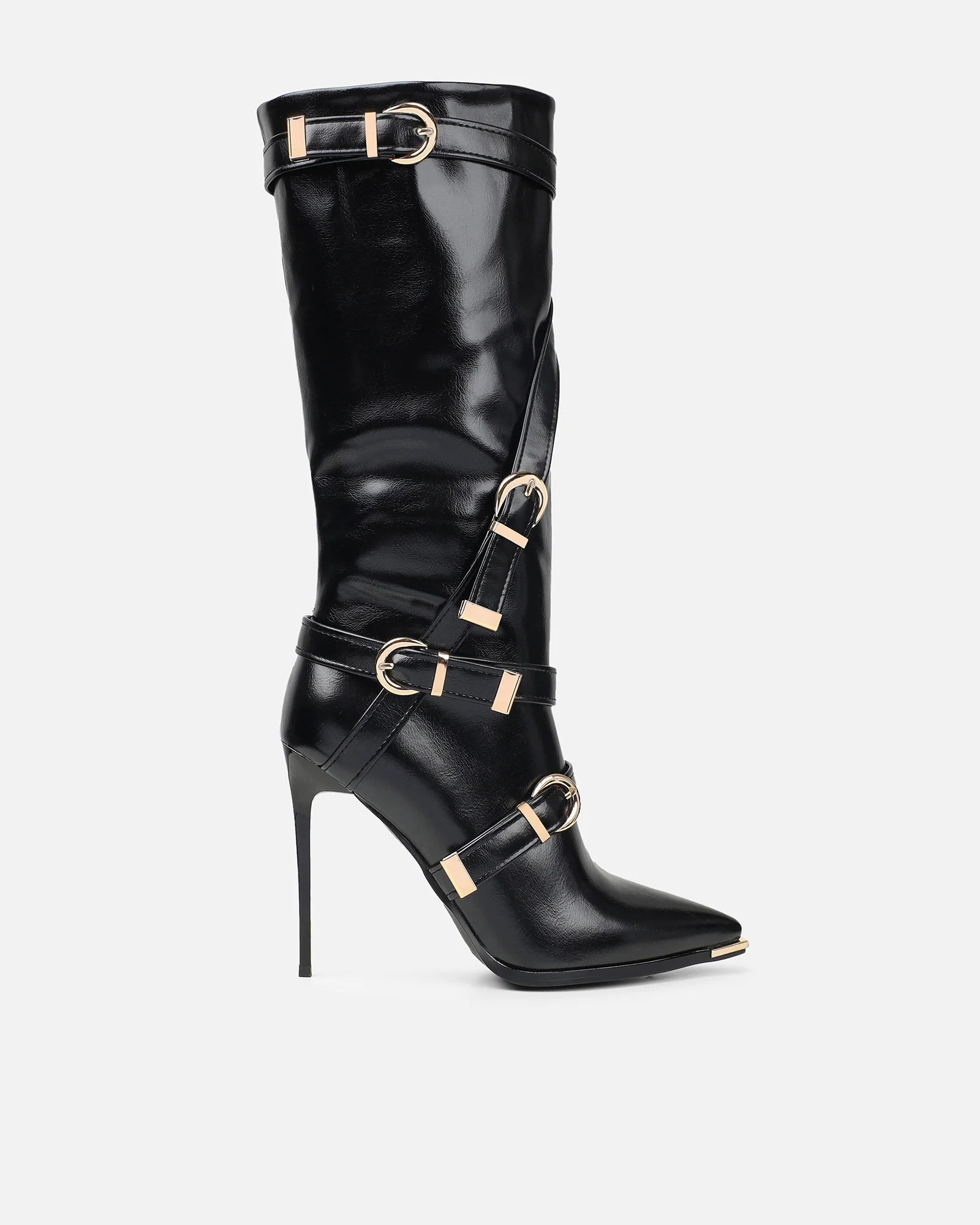 Elvis Black Buckle Detail Stiletto Knee Boots - Image 2