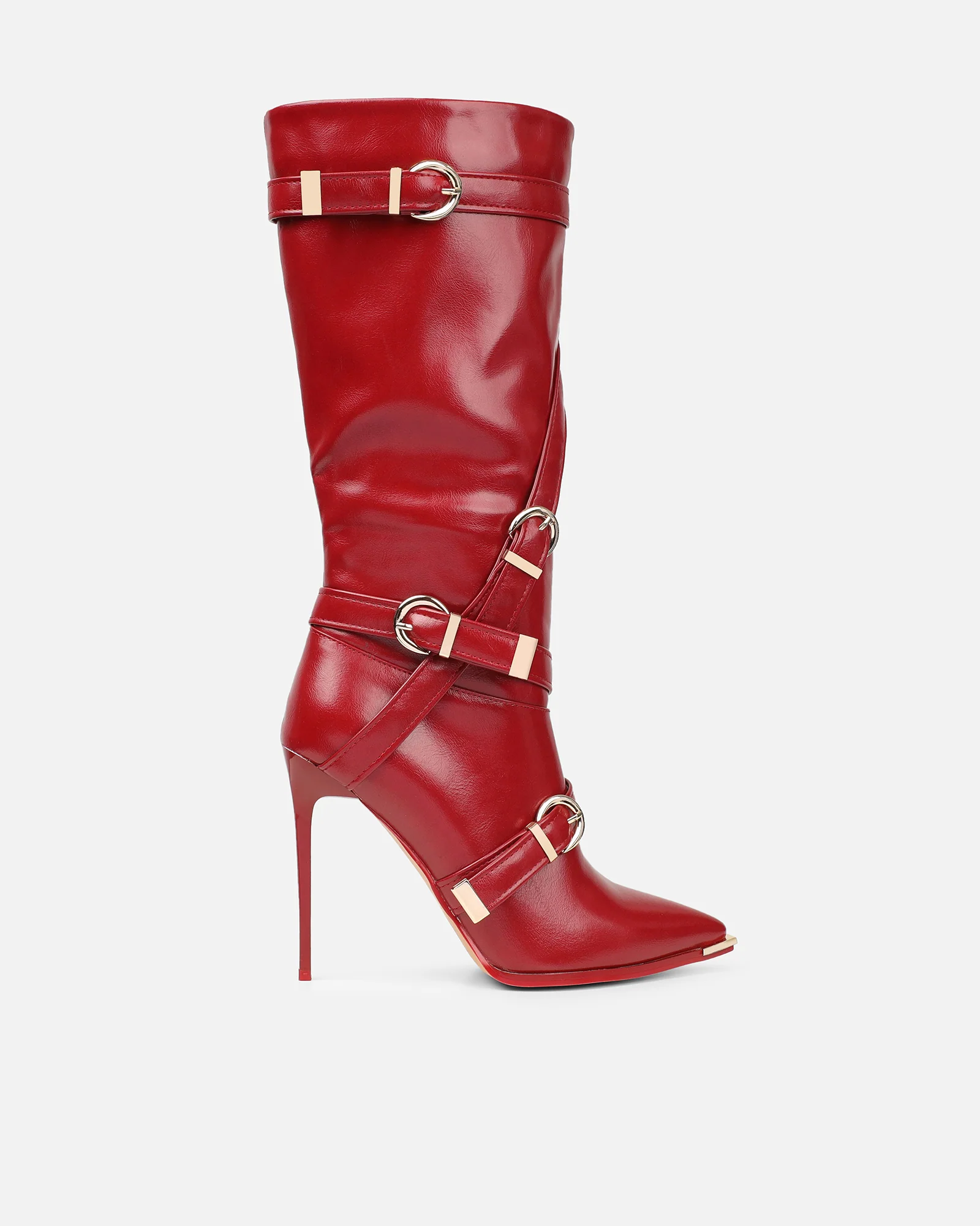 Elvis Red Buckle Detail Stiletto Knee Boots - Image 2