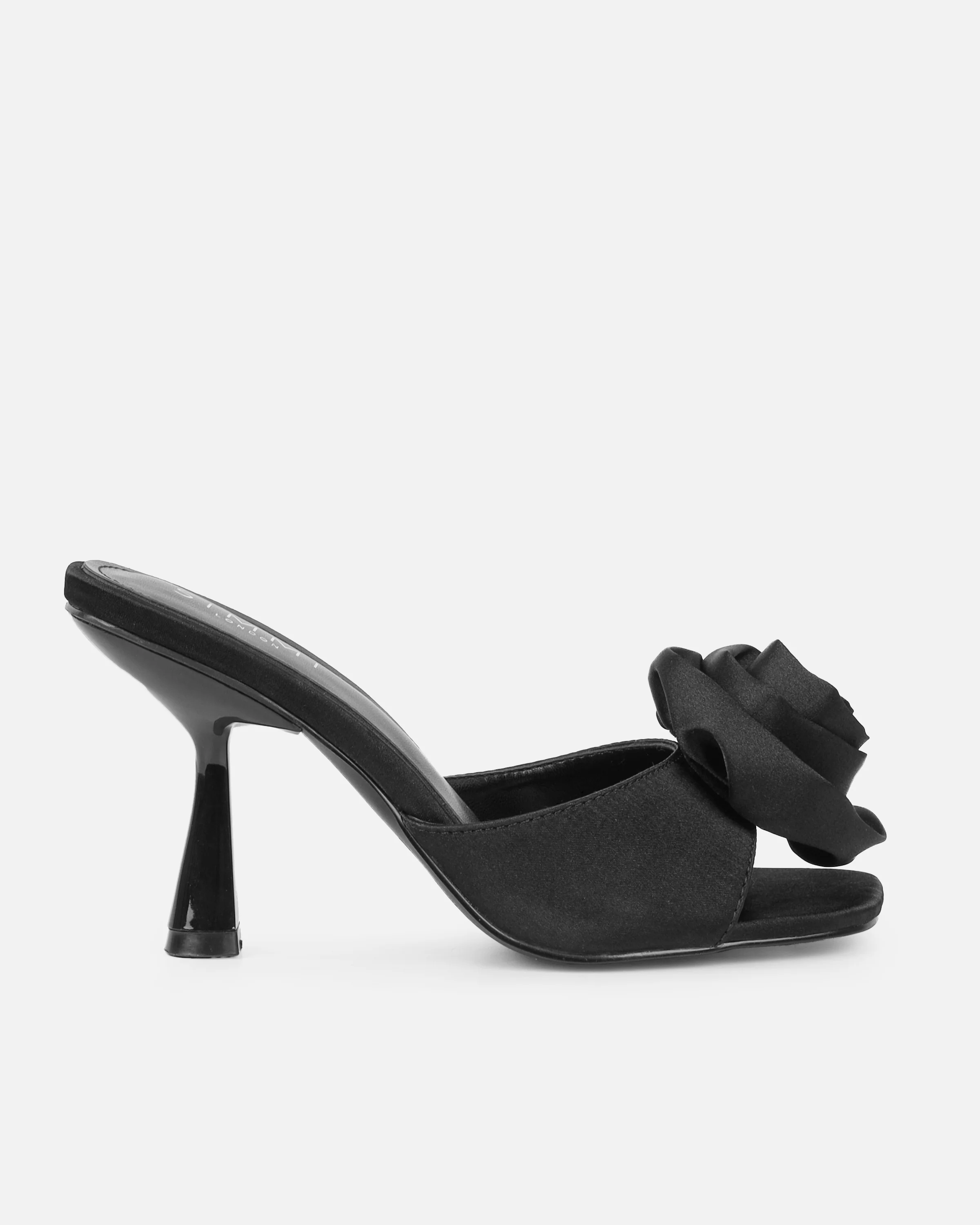 Emberley Black Satin Flower Heeled Sandals - Image 2