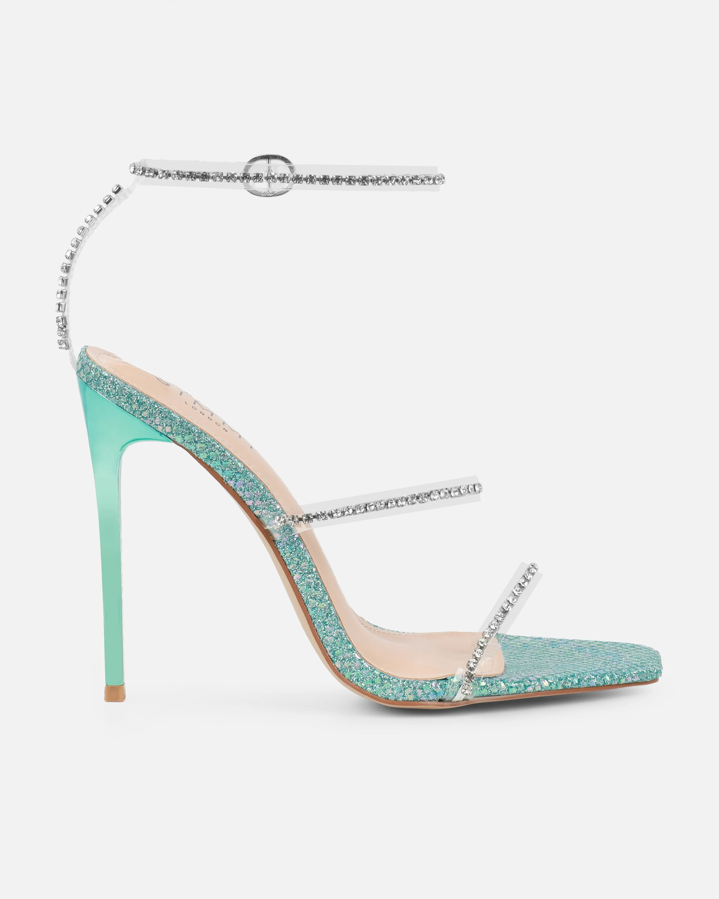 Emeriee Clear Blue Glitter Faux Snake Diamante Heeled Sandals - Image 2
