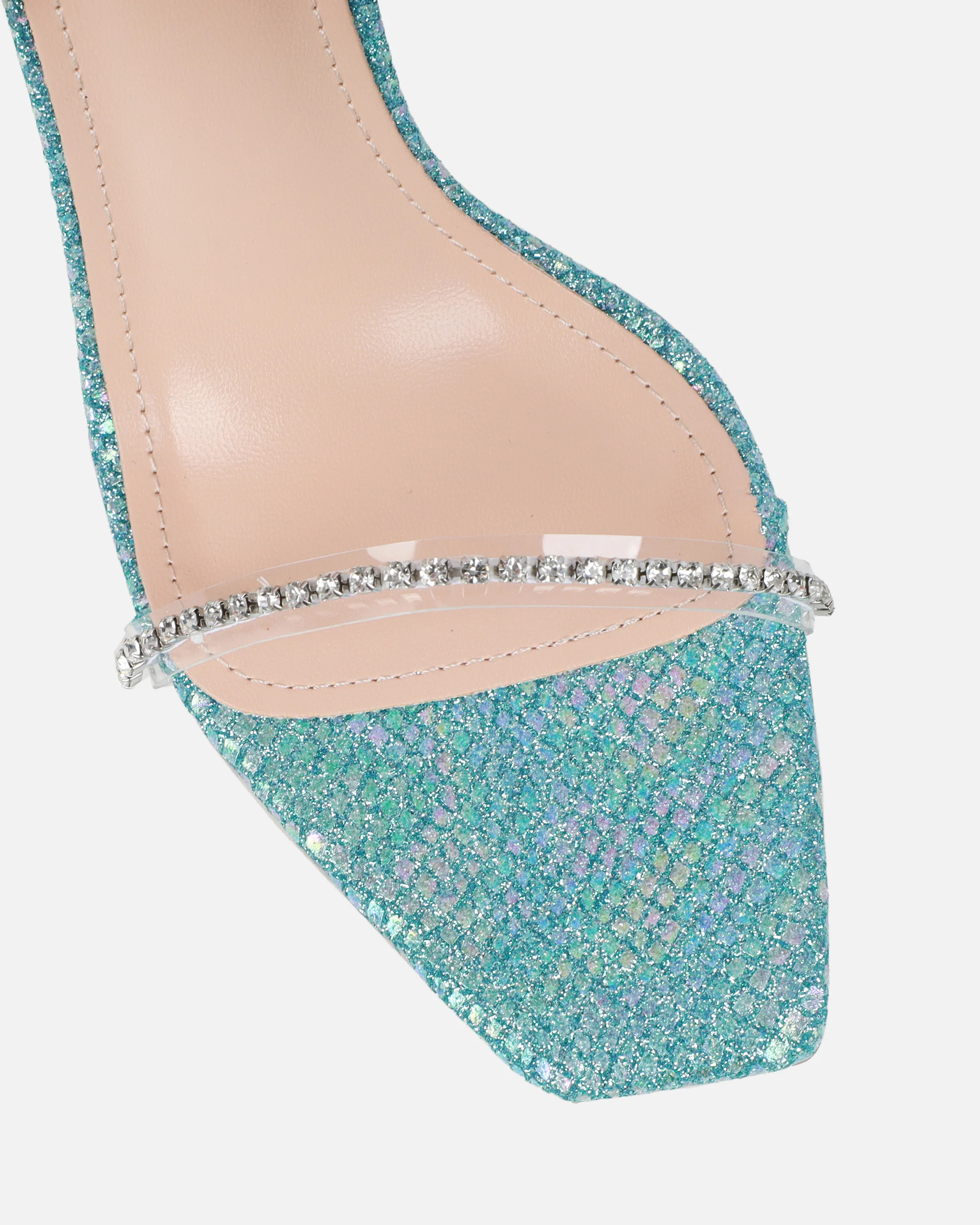 Emeriee Clear Blue Glitter Faux Snake Diamante Heeled Sandals - Image 4