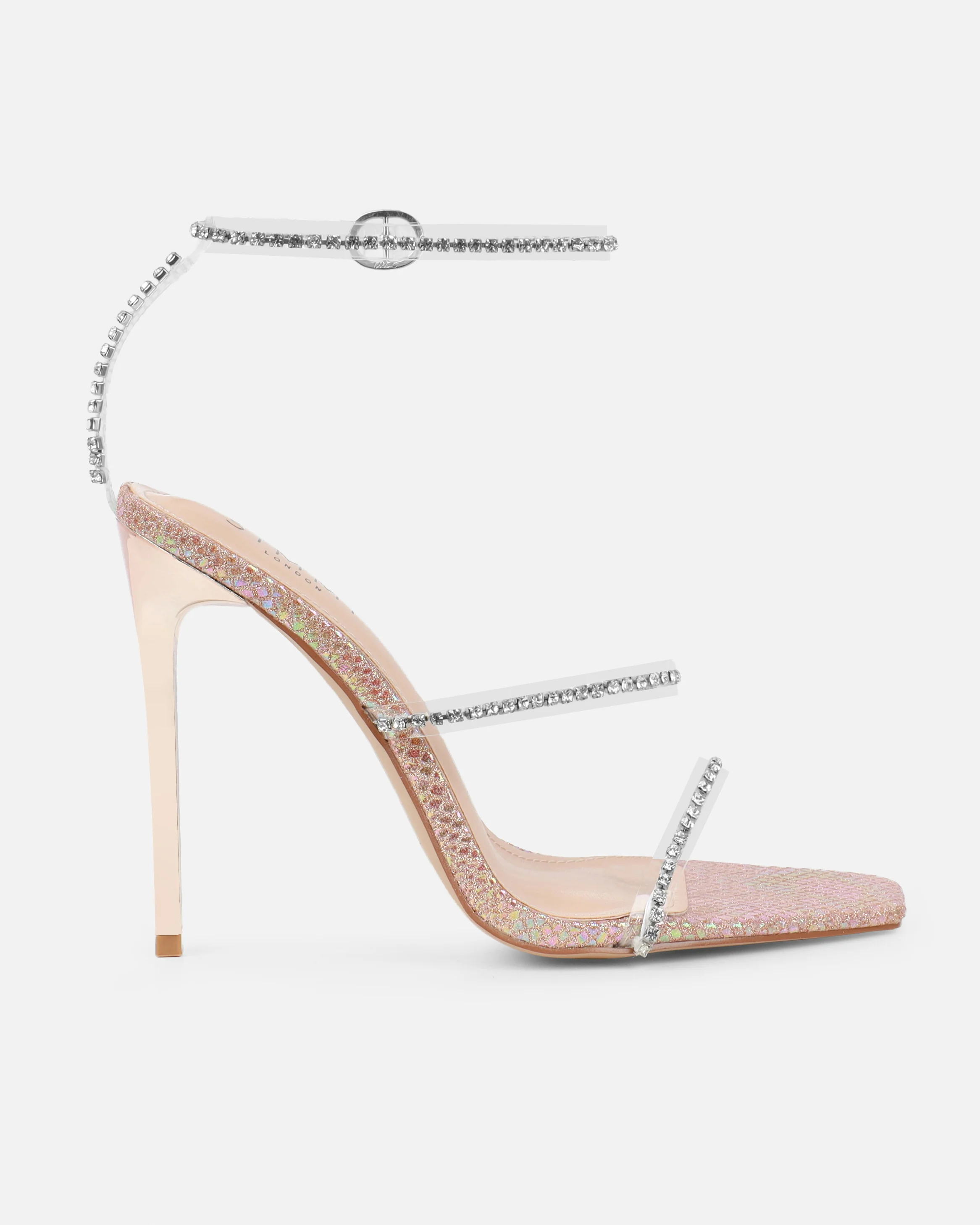 Emeriee Clear Nude Glitter Faux Snake Diamante Heeled Sandals - Image 2