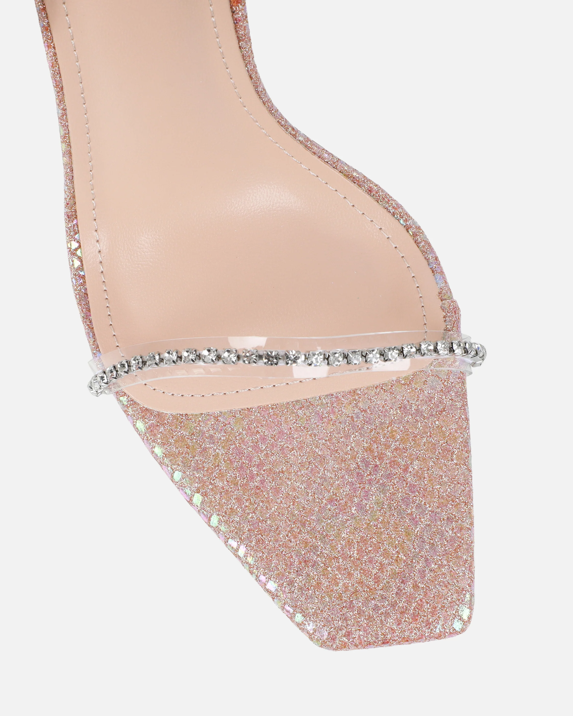 Emeriee Clear Nude Glitter Faux Snake Diamante Heeled Sandals - Image 4
