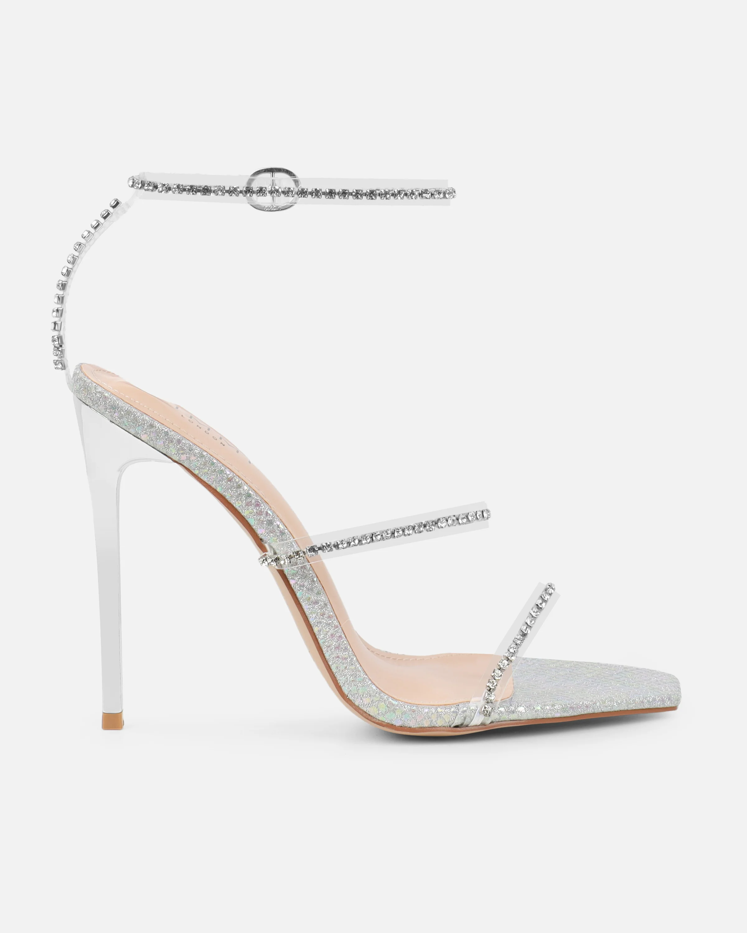 Emeriee Clear Silver Glitter Faux Snake Diamante Heeled Sandals - Image 2