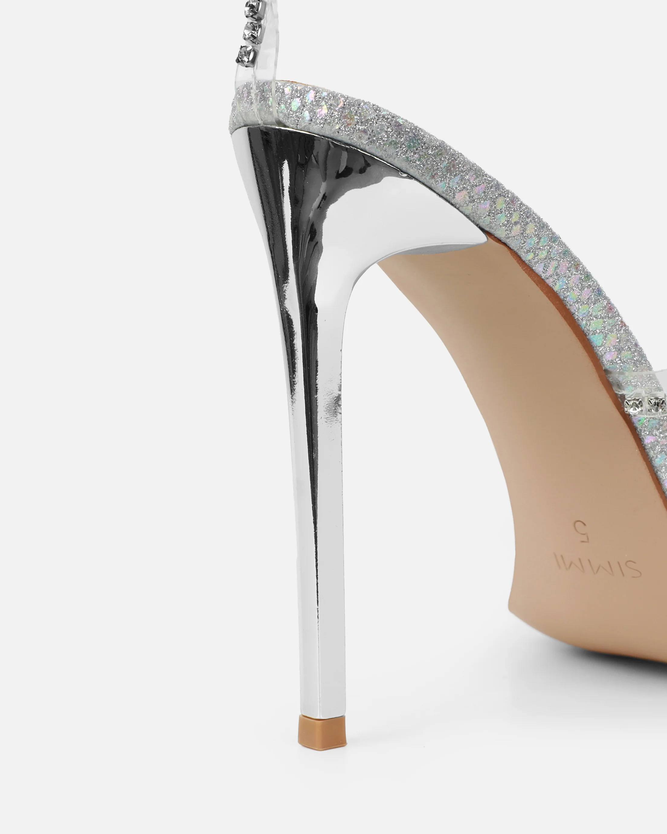 Emeriee Clear Silver Glitter Faux Snake Diamante Heeled Sandals - Image 3