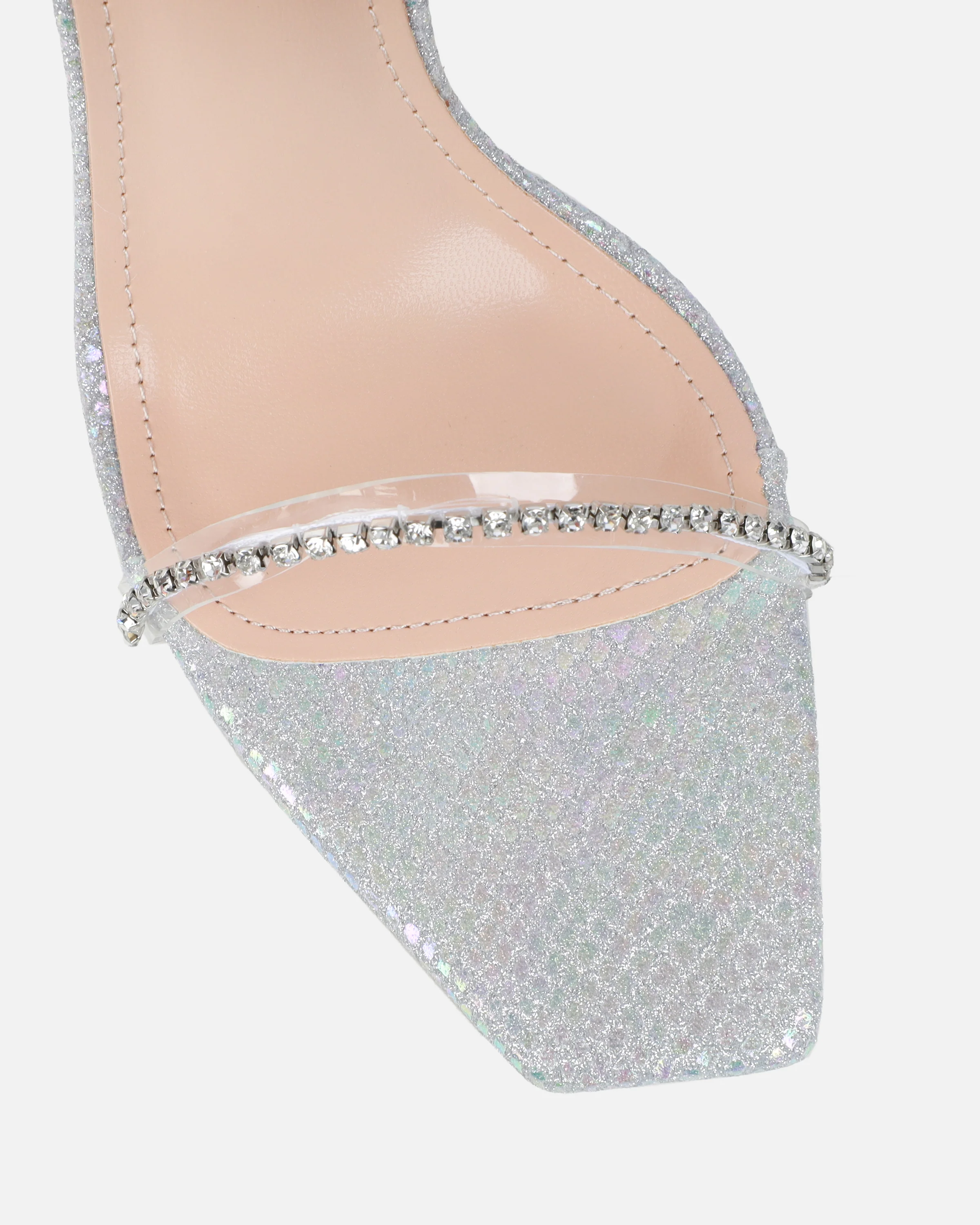 Emeriee Clear Silver Glitter Faux Snake Diamante Heeled Sandals - Image 4