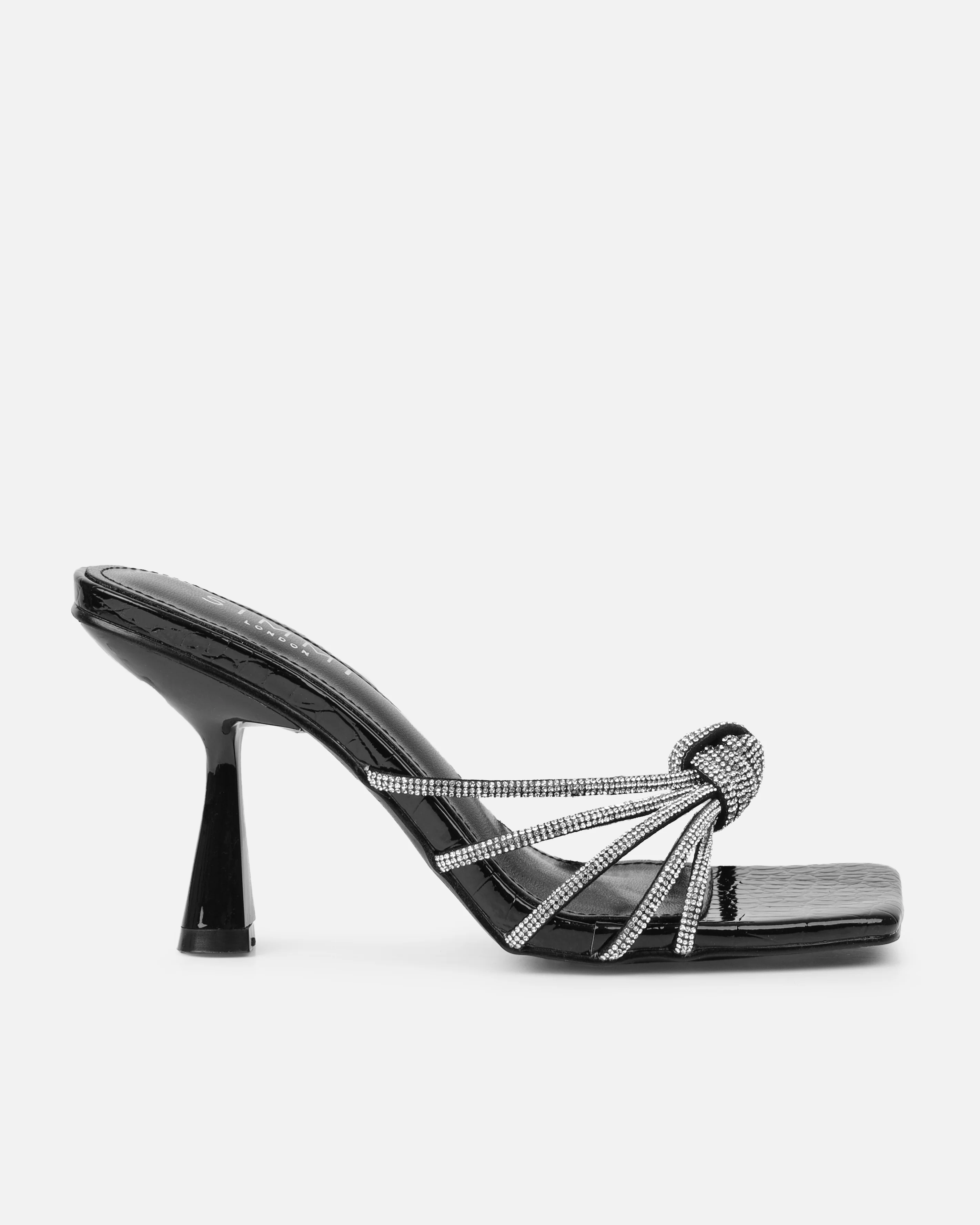 Estelleah Black Faux Snake Print Diamante Mid Heel Mules - Image 2