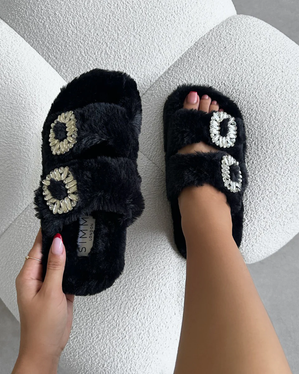 Evelyn Black Faux Fur Diamante Slippers