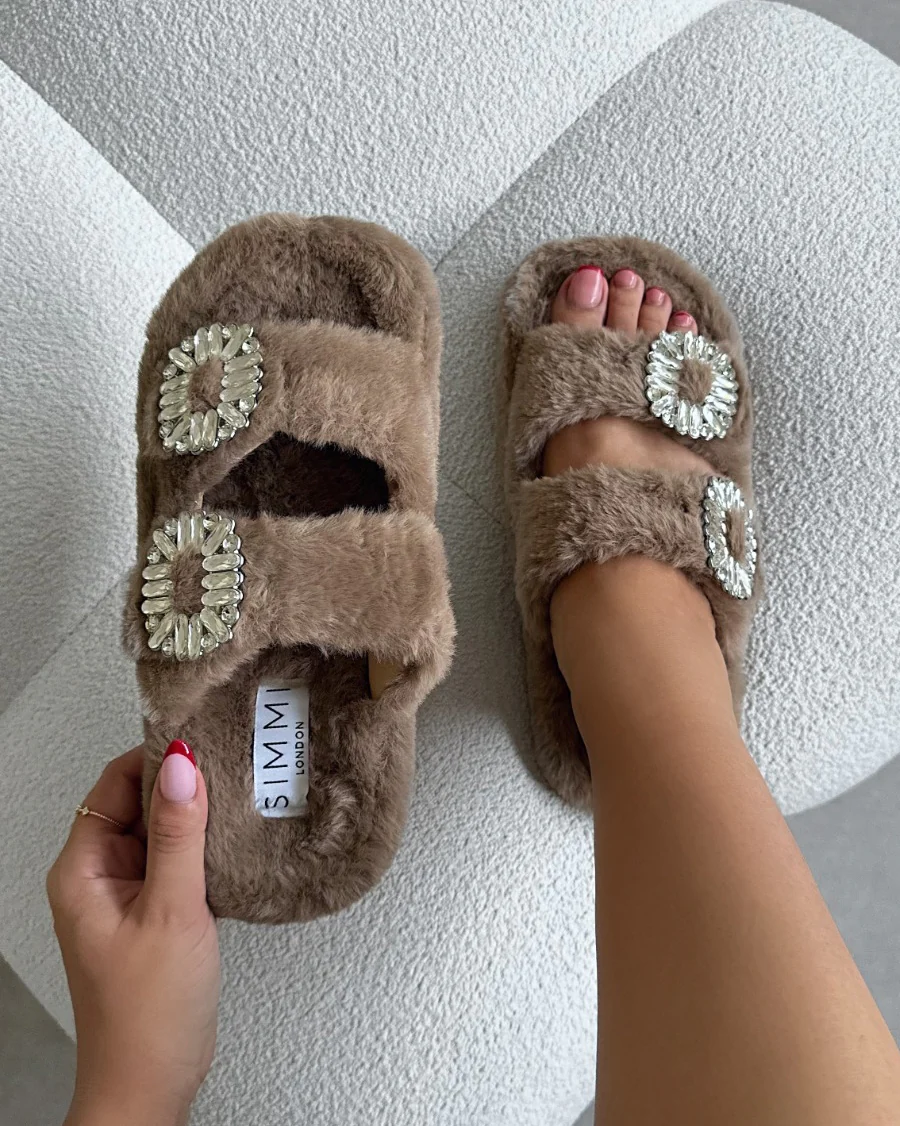 Evelyn Mink Faux Fur Diamante Slippers