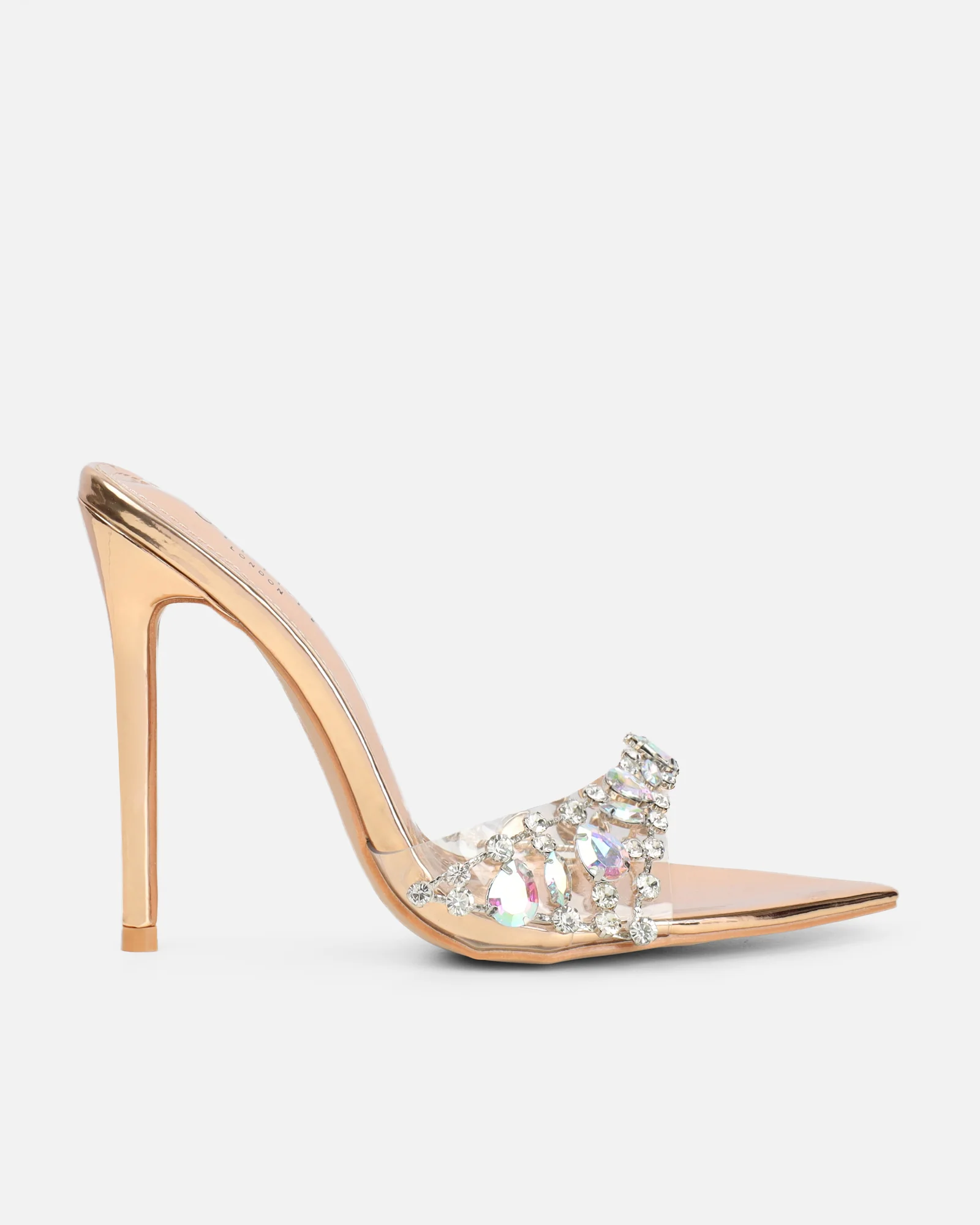 Fatima Rose Gold Mirror Diamante Stiletto Mules - Image 2
