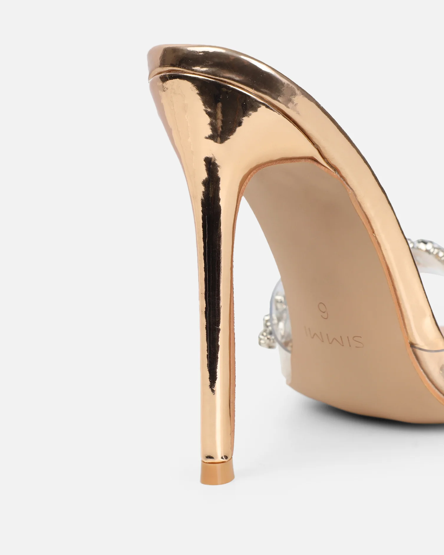 Fatima Rose Gold Mirror Diamante Stiletto Mules - Image 3