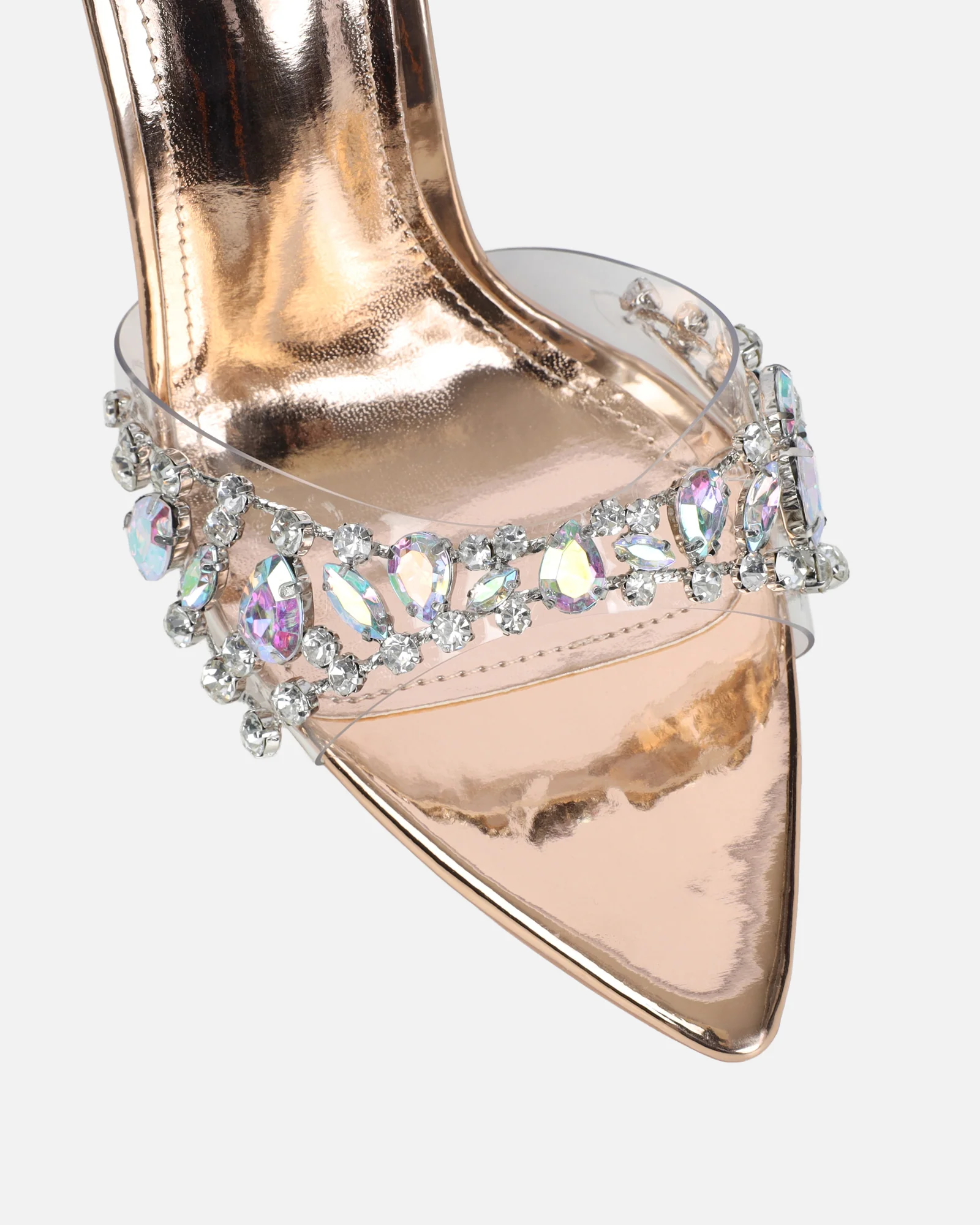 Fatima Rose Gold Mirror Diamante Stiletto Mules - Image 4