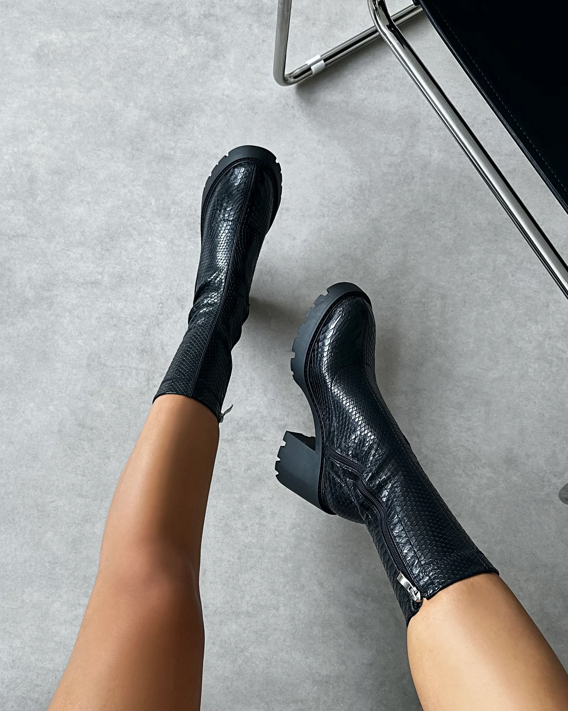 Felipe Black Faux Snake Block Heel Chunky Ankle Boots