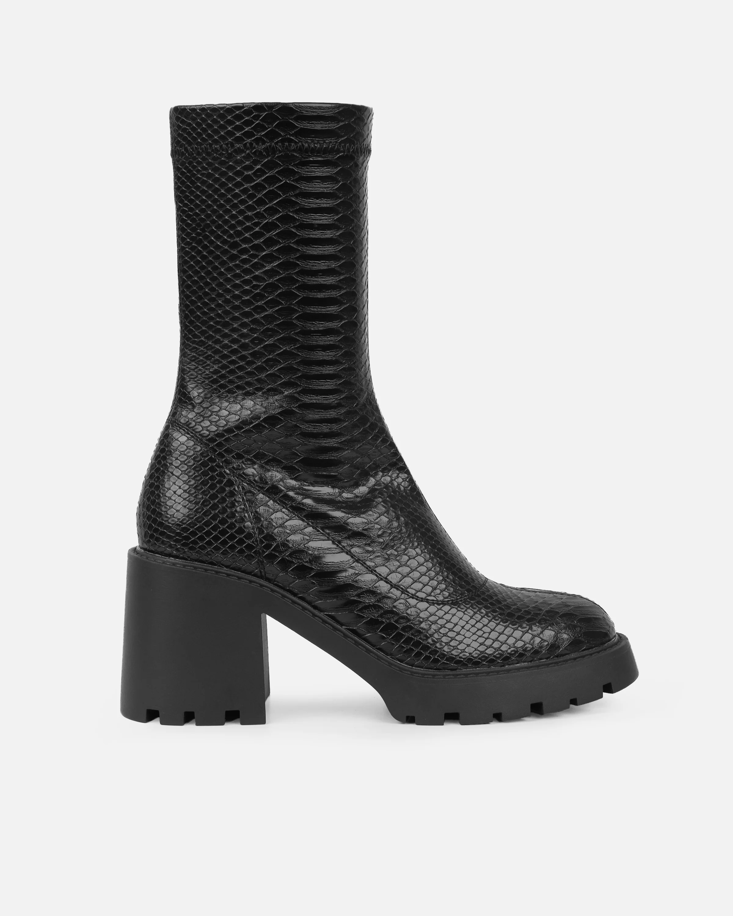 Felipe Black Faux Snake Block Heel Chunky Ankle Boots - Image 2