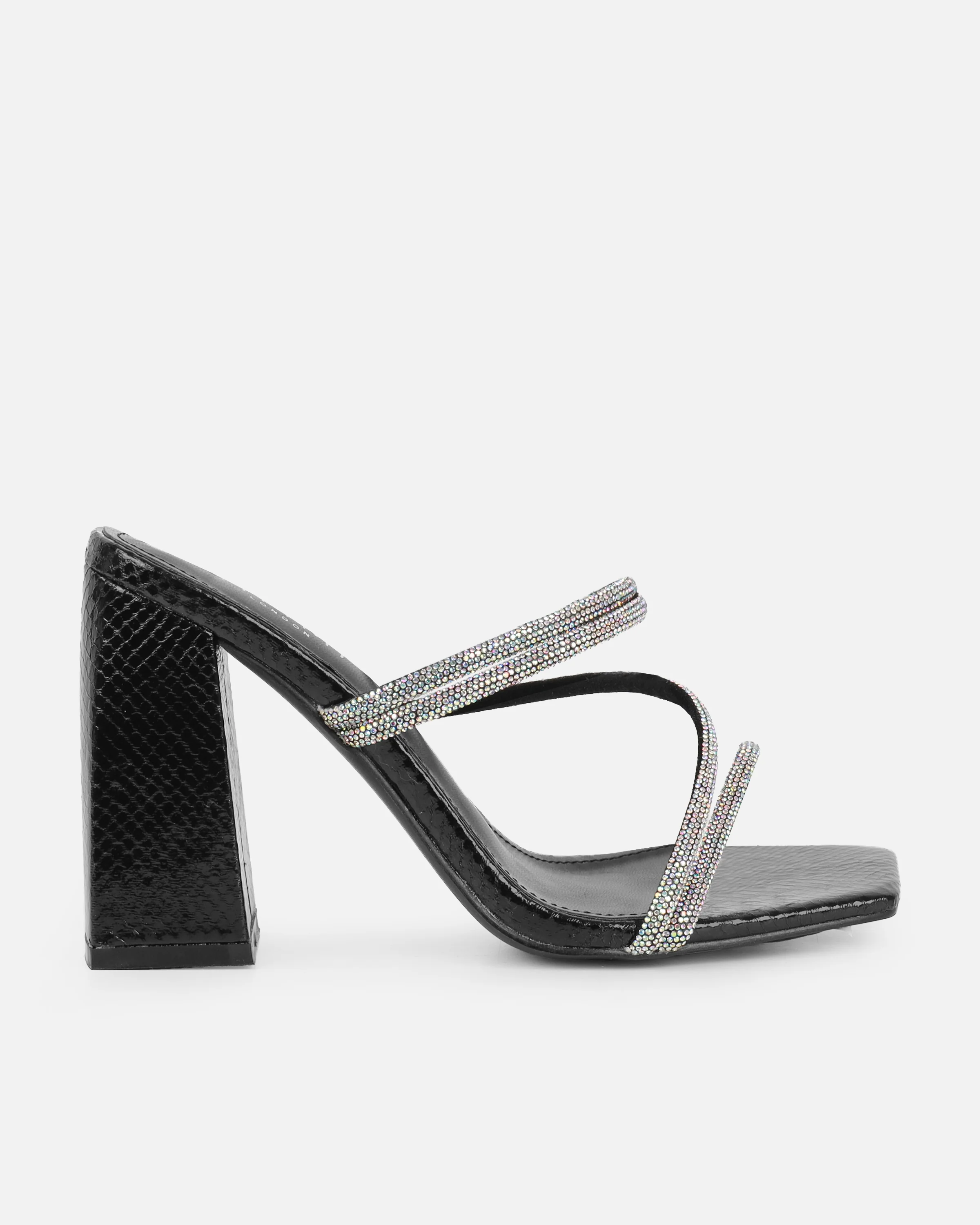 Ferne Black Faux Snake Diamante Block Heeled Sandals - Image 2