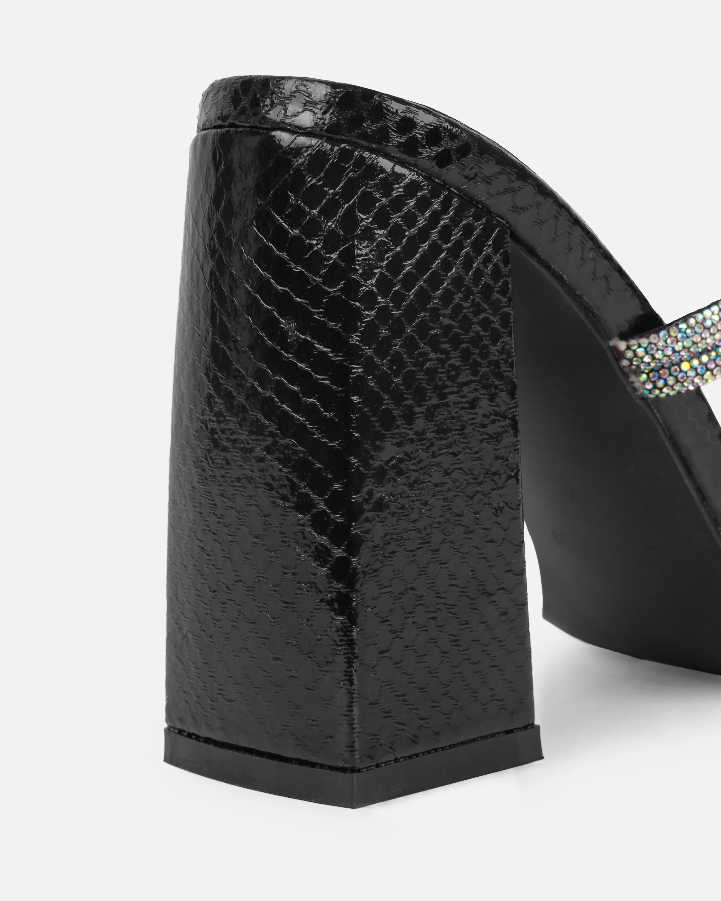 Ferne Black Faux Snake Diamante Block Heeled Sandals - Image 3