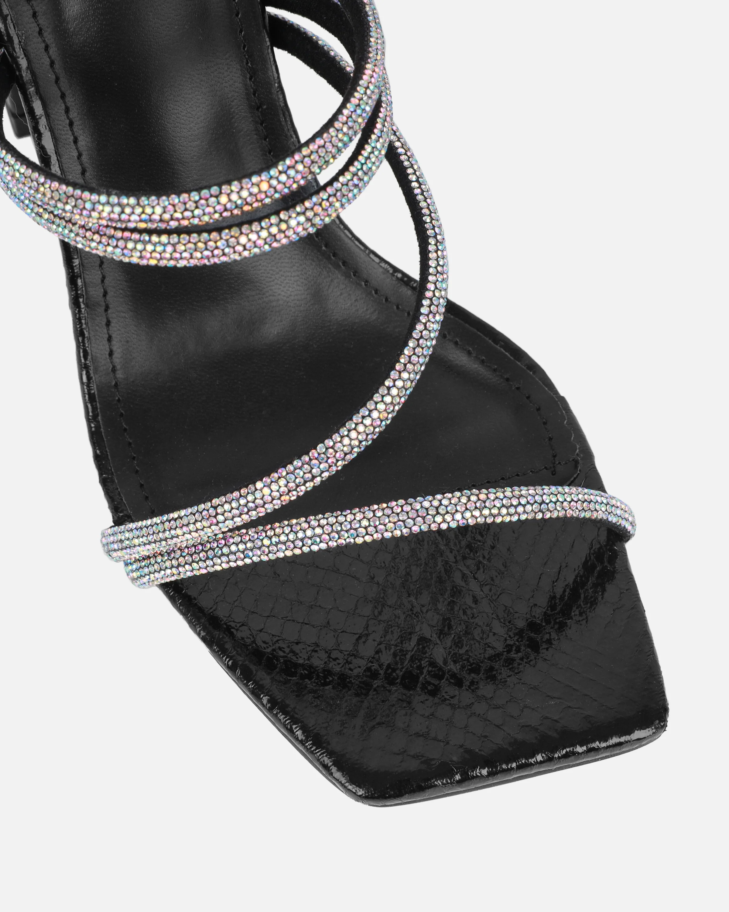 Ferne Black Faux Snake Diamante Block Heeled Sandals - Image 4