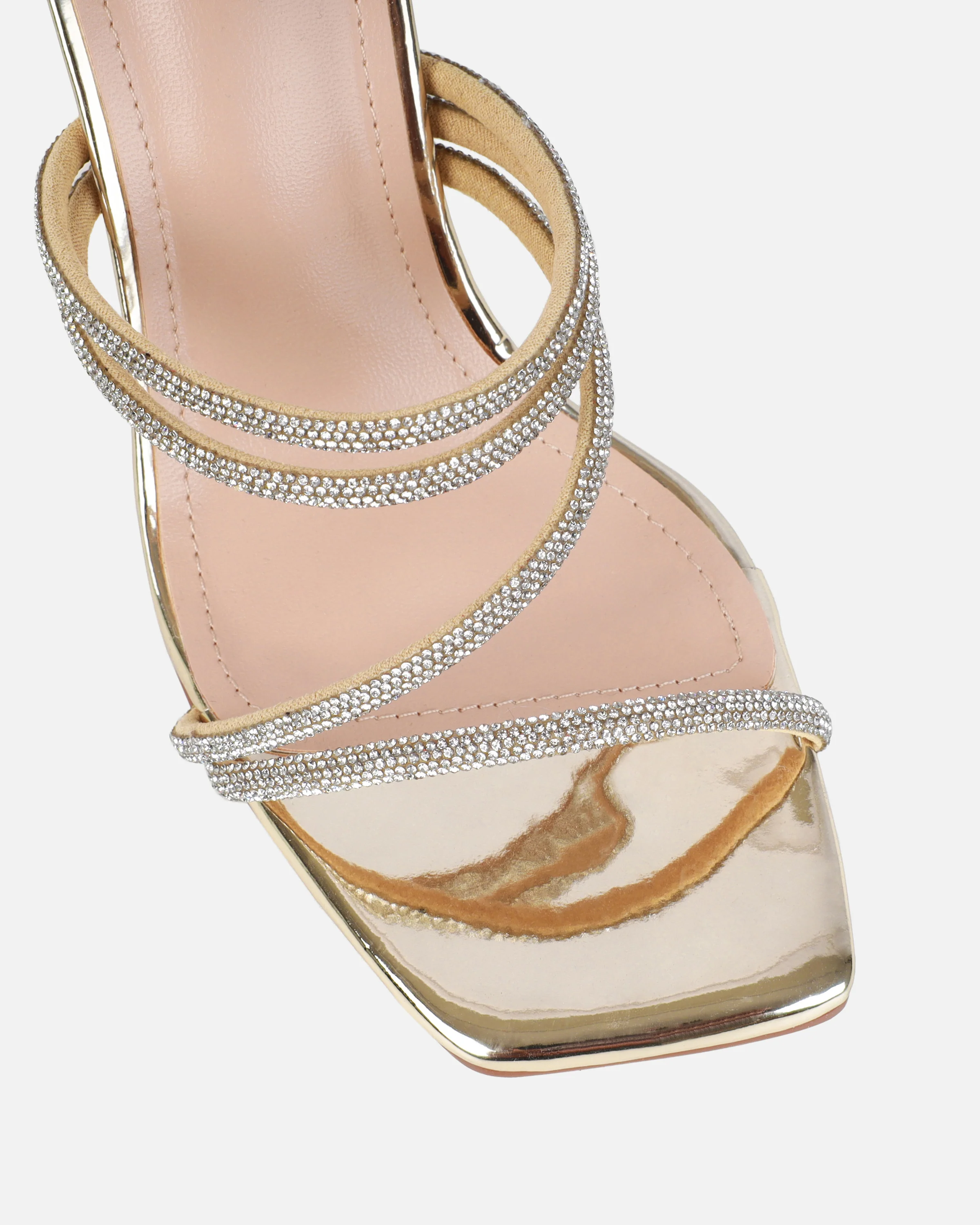 Ferne Gold Mirror Diamante Block Heeled Sandals - Image 4
