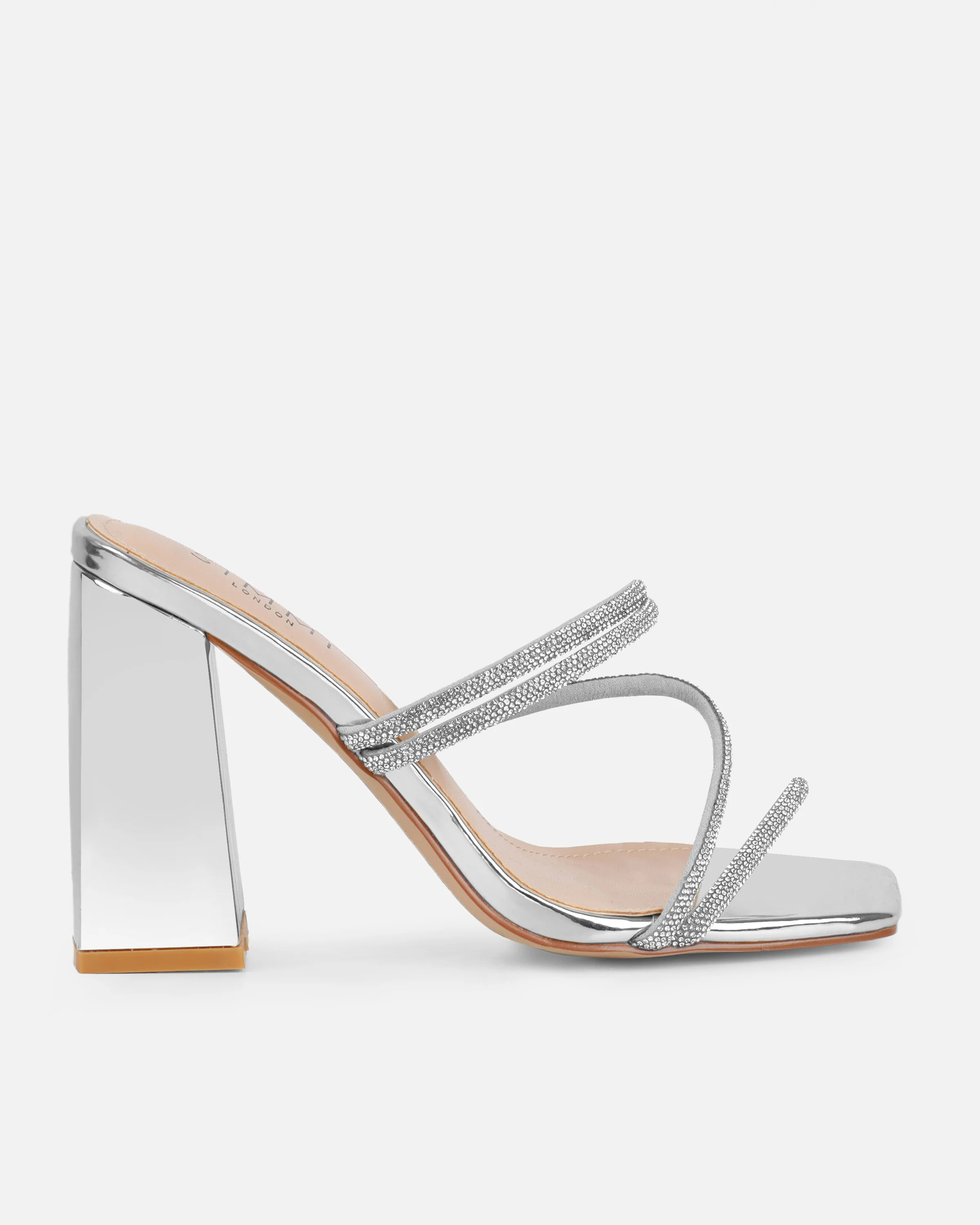 Ferne Silver Mirror Diamante Block Heeled Sandals - Image 2