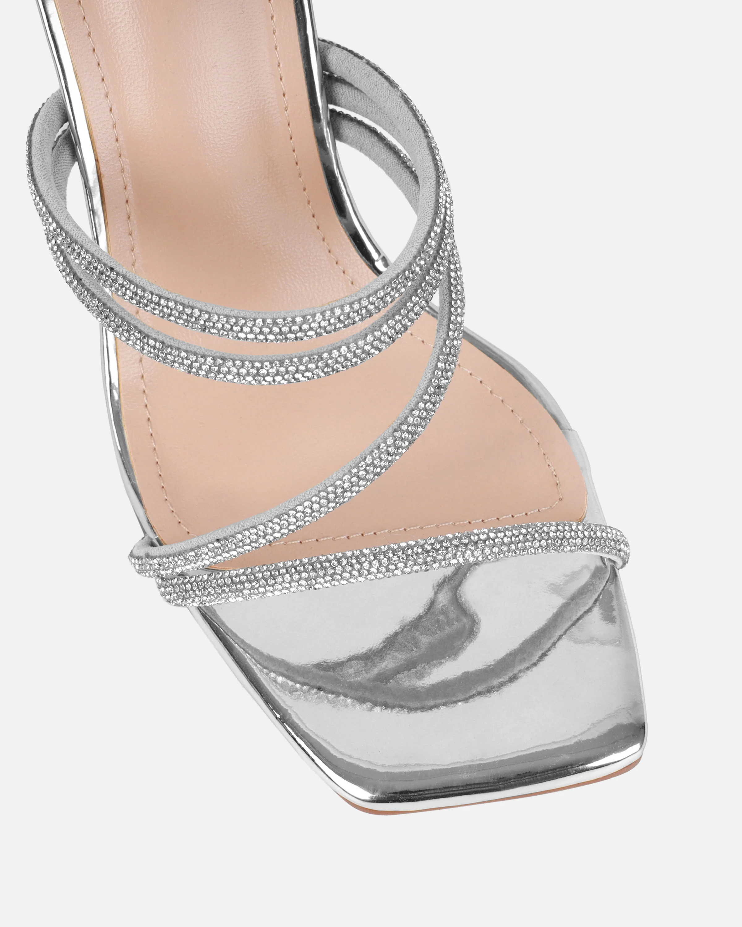Ferne Silver Mirror Diamante Block Heeled Sandals - Image 4
