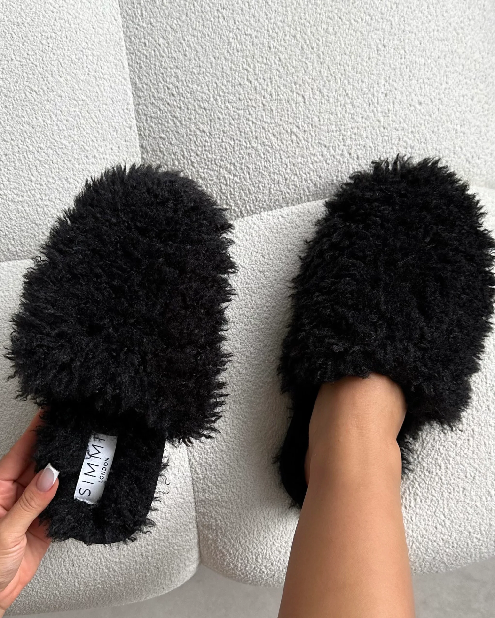 Floof Black Curly Faux Fur Slippers