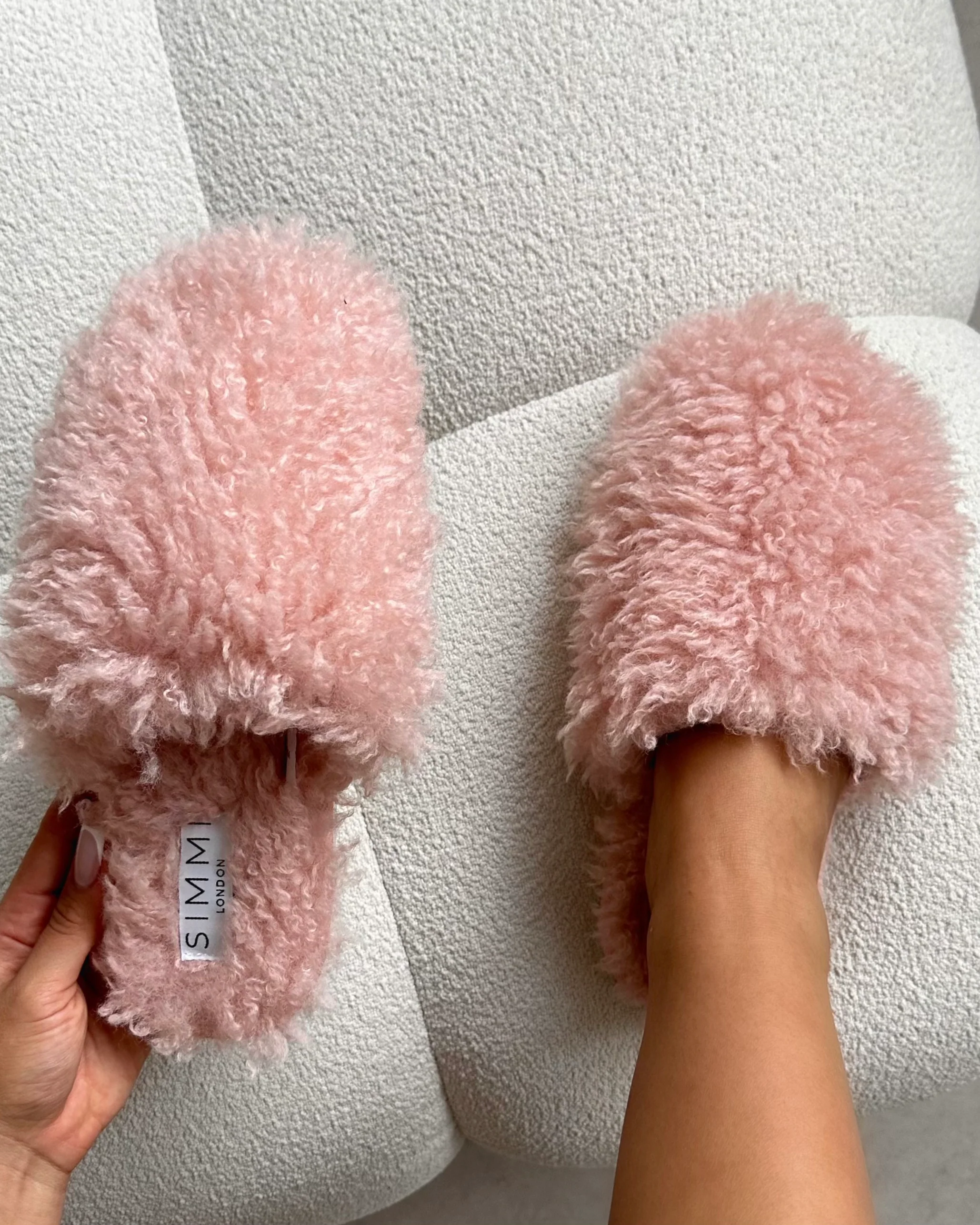 Floof Light Pink Curly Faux Fur Slippers