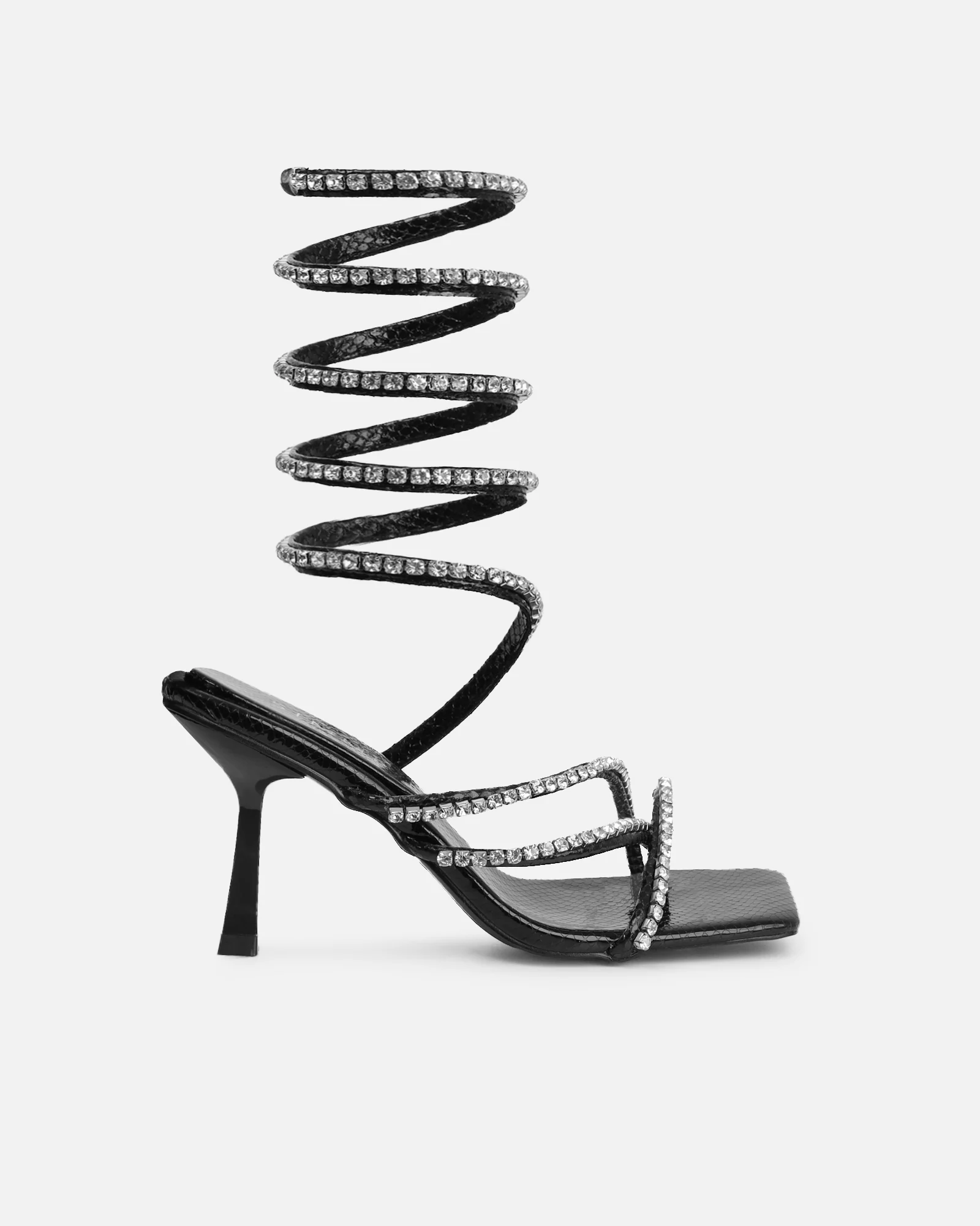 Freesia Black Faux Snake Print Toe Post Ankle Coil Mid Heels - Image 2