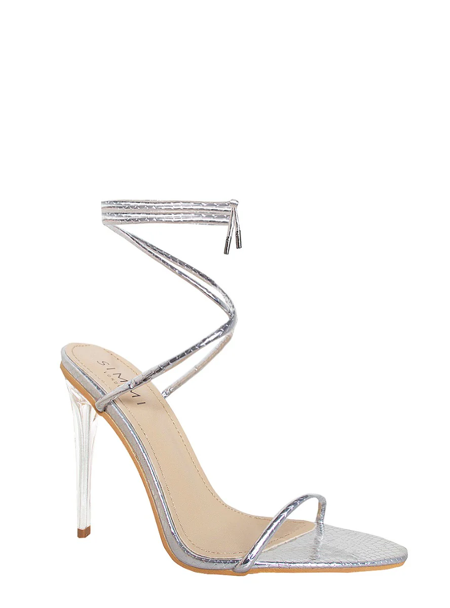 Gemini Silver Snake Lace Up Clear Heels - Image 2