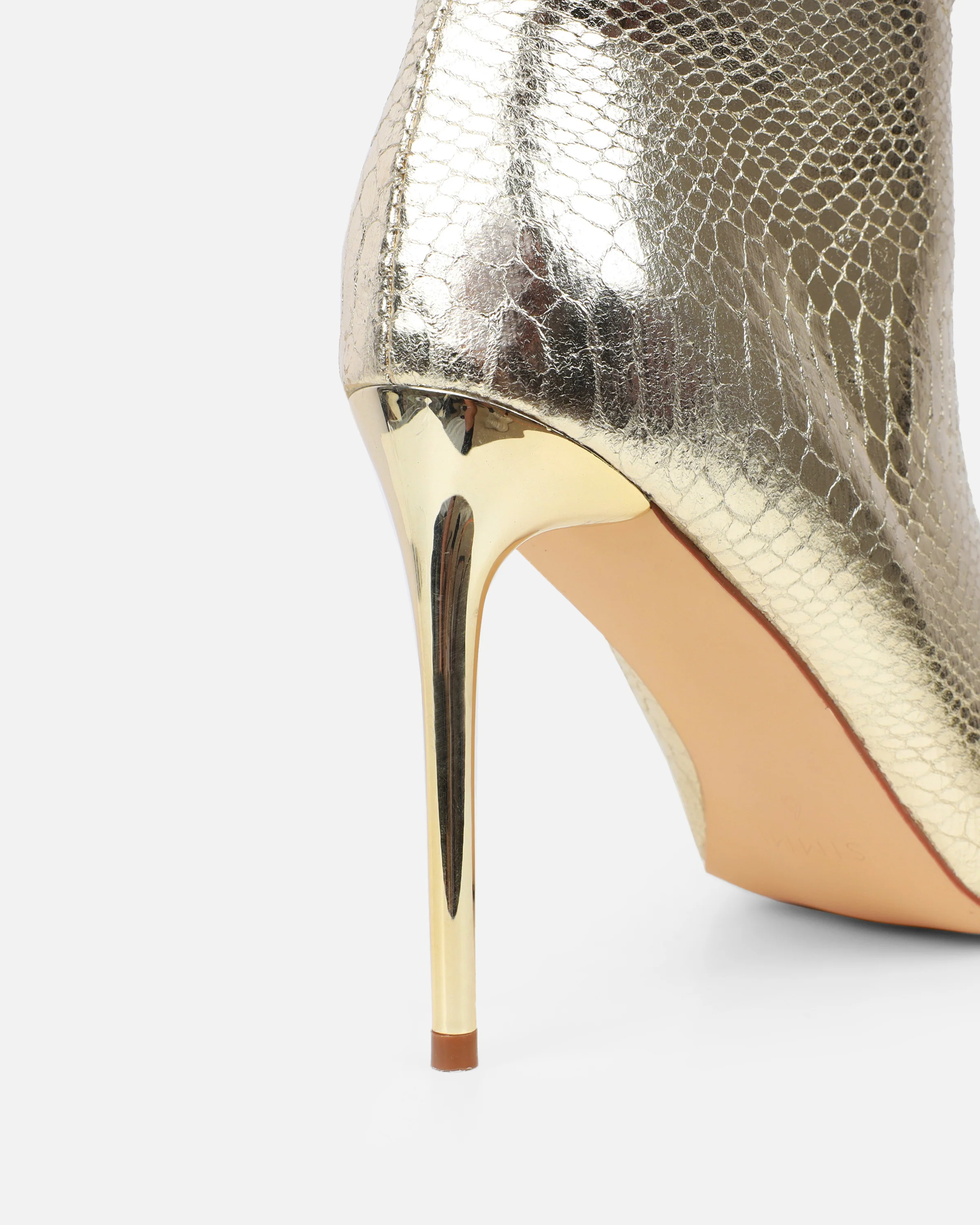 Giles Gold Metallic Faux Snake Ruched Stiletto Mid Calf Boots - Image 3