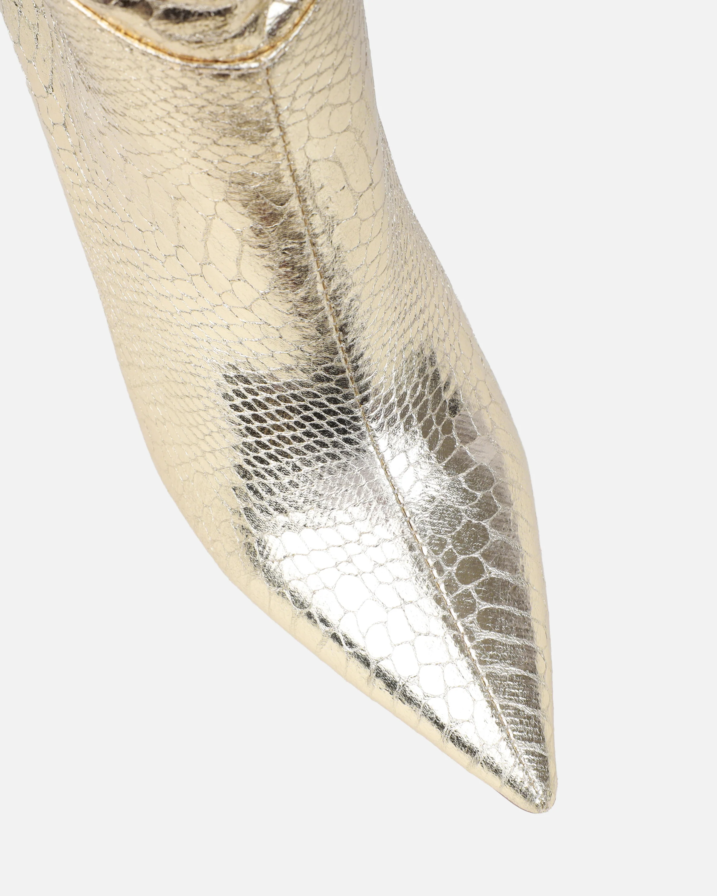 Giles Gold Metallic Faux Snake Ruched Stiletto Mid Calf Boots - Image 4