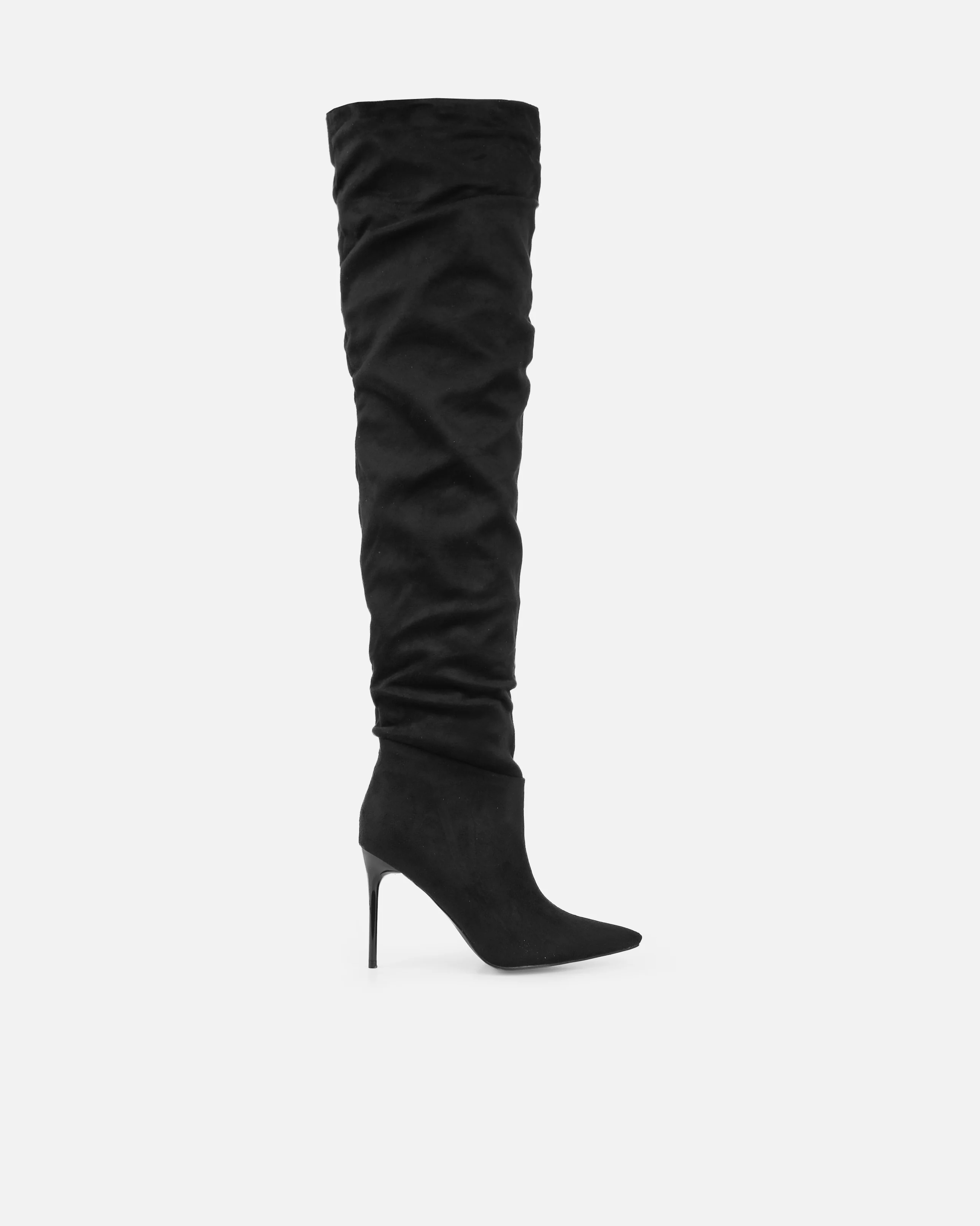 Gilton Black Faux Suede Ruched Over The Knee Thigh High Boots - Image 2